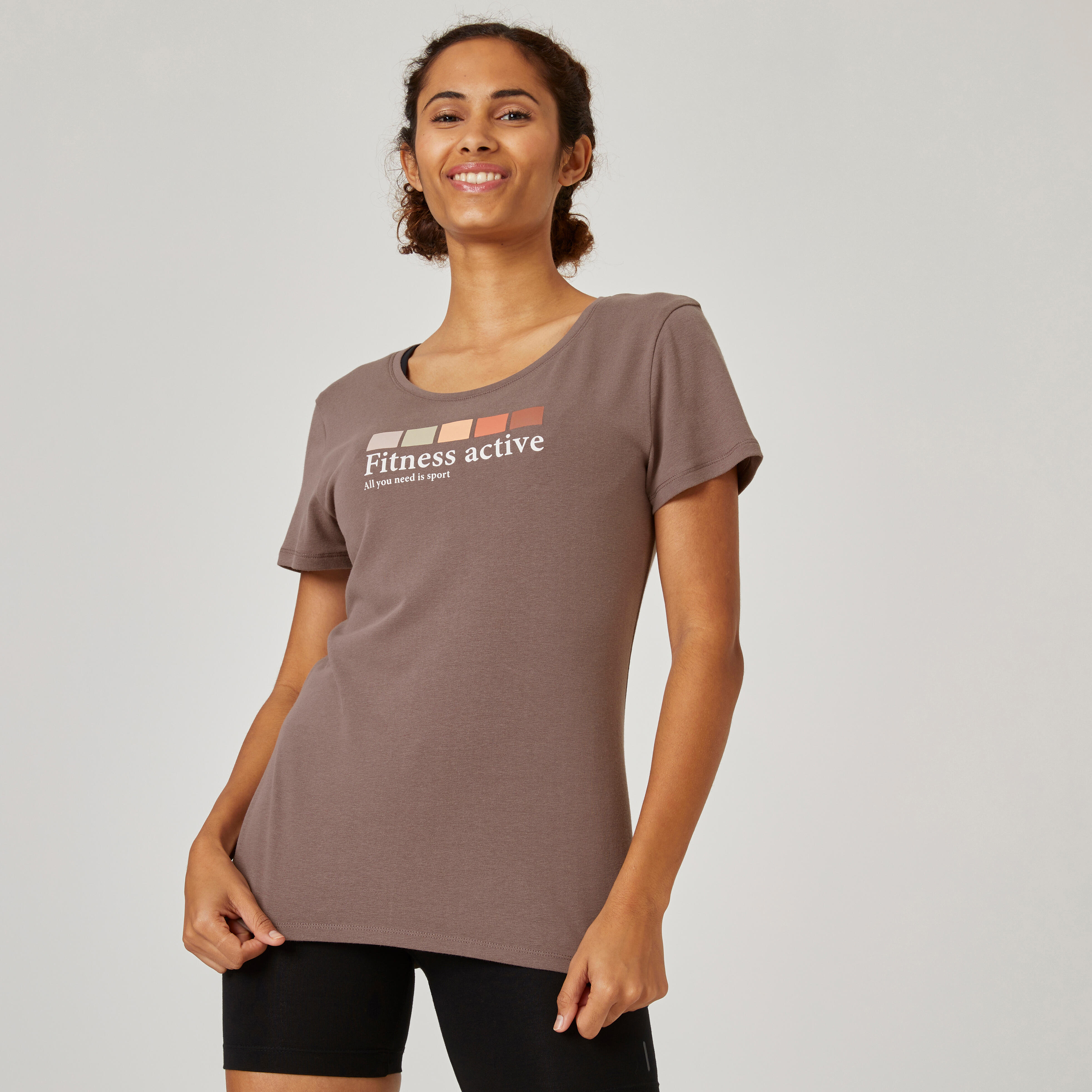 Domyos T-Shirt 500 Fitness Rundhals Baumwolle Damen dunkelgrau