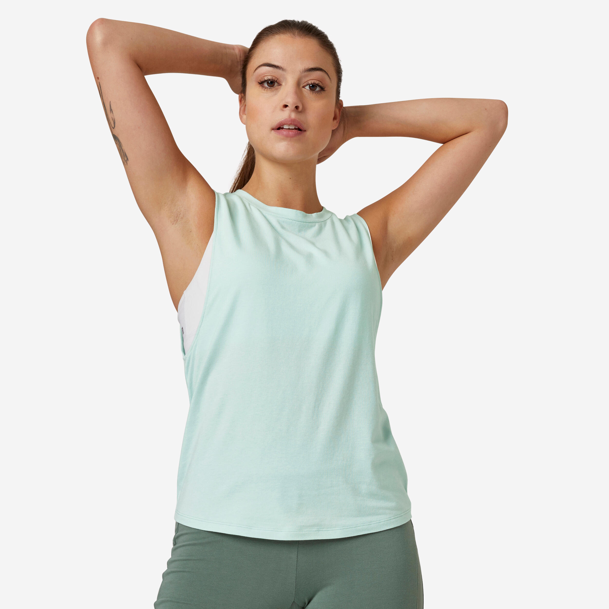 Domyos Top 500 Fitness Rundhalsausschnitt Baumwolle Damen hellgrün