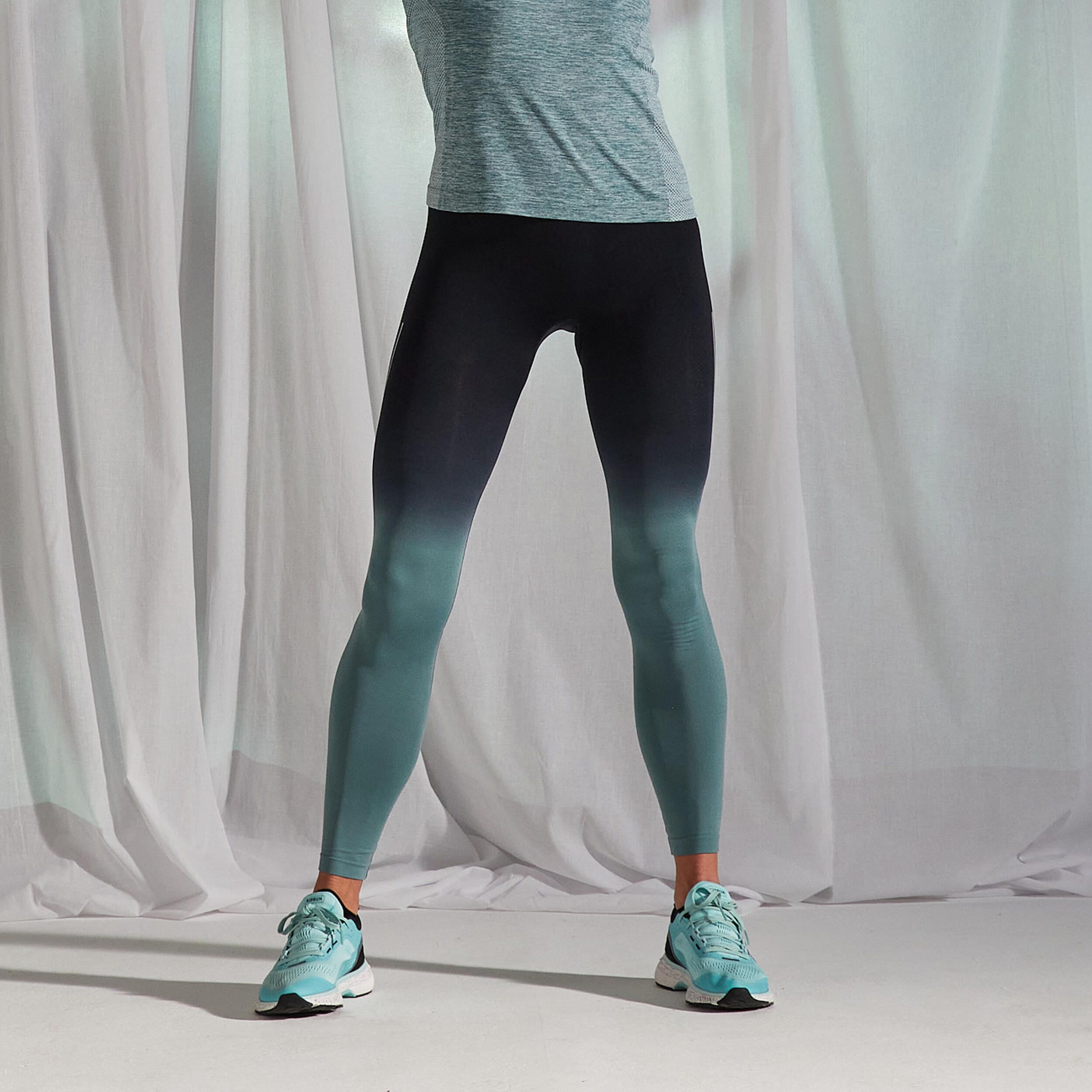 Kiprun Laufhose lang Tights leicht atmungsaktiv Kiprun Care Damen schwarz/khaki