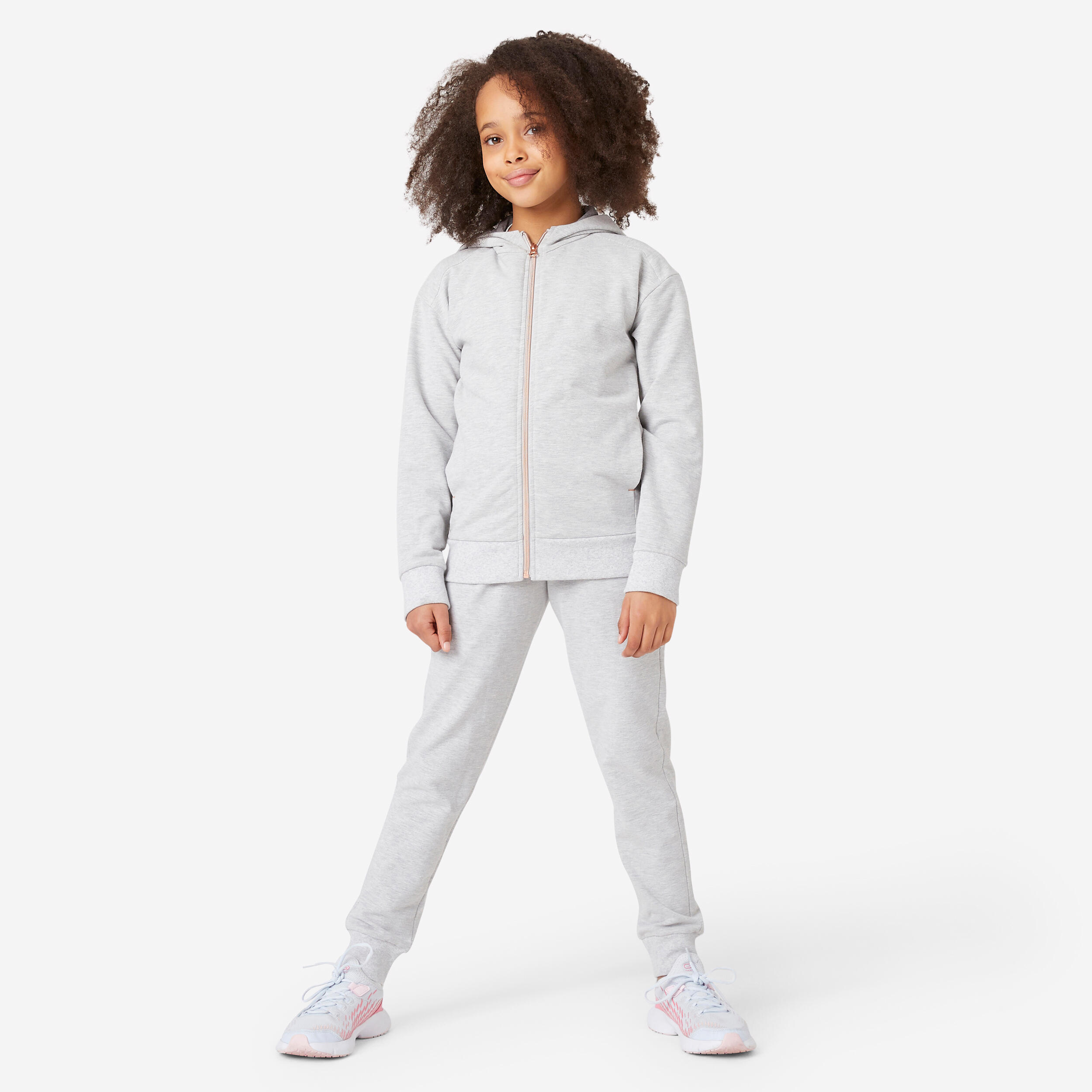 Domyos Trainingsanzug Baumwolle 500 Kinder grau mit goldfarbenem Reissverschluss
