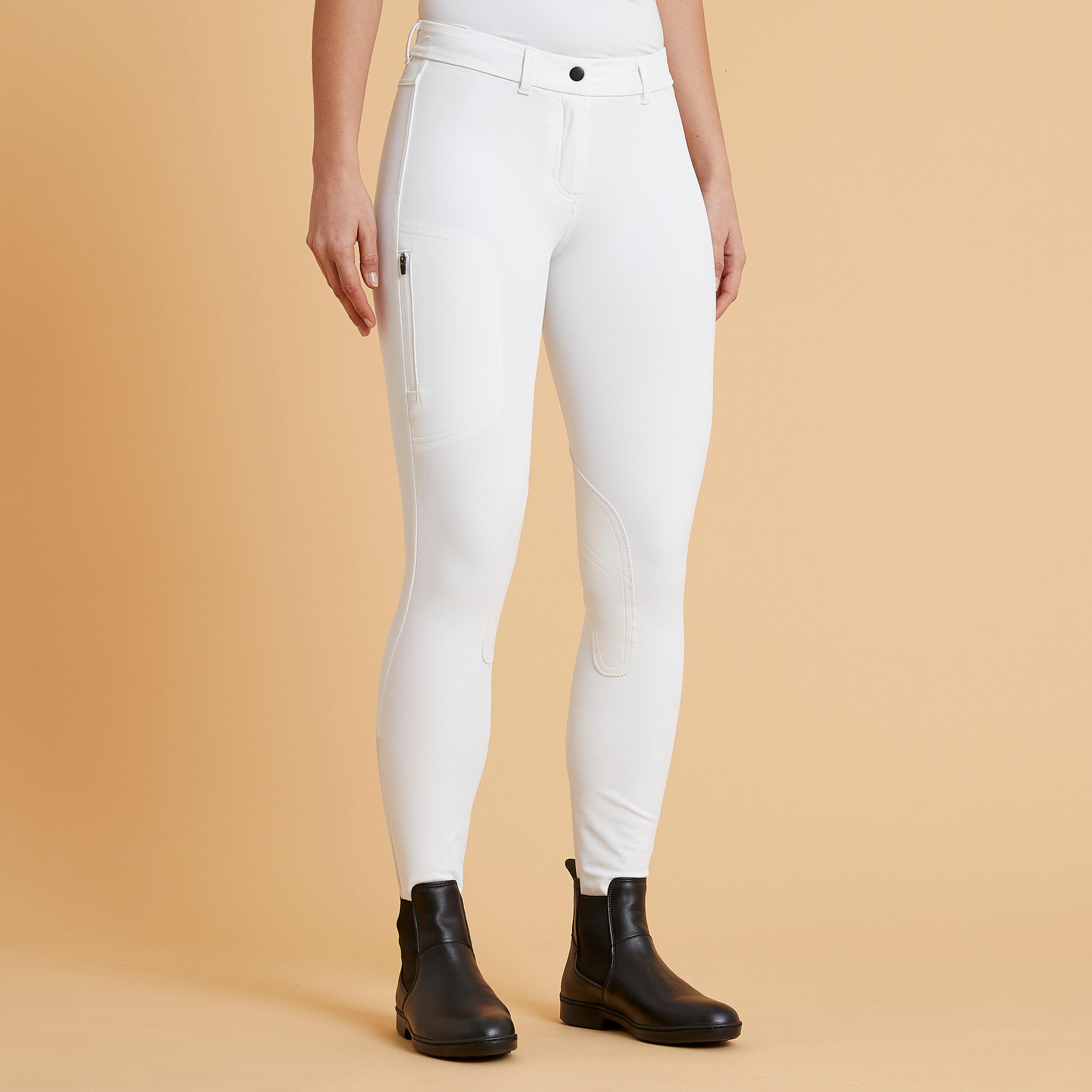 Fouganza Turnierreithose 500 Kniebesatz Kunstleder Damen weiß