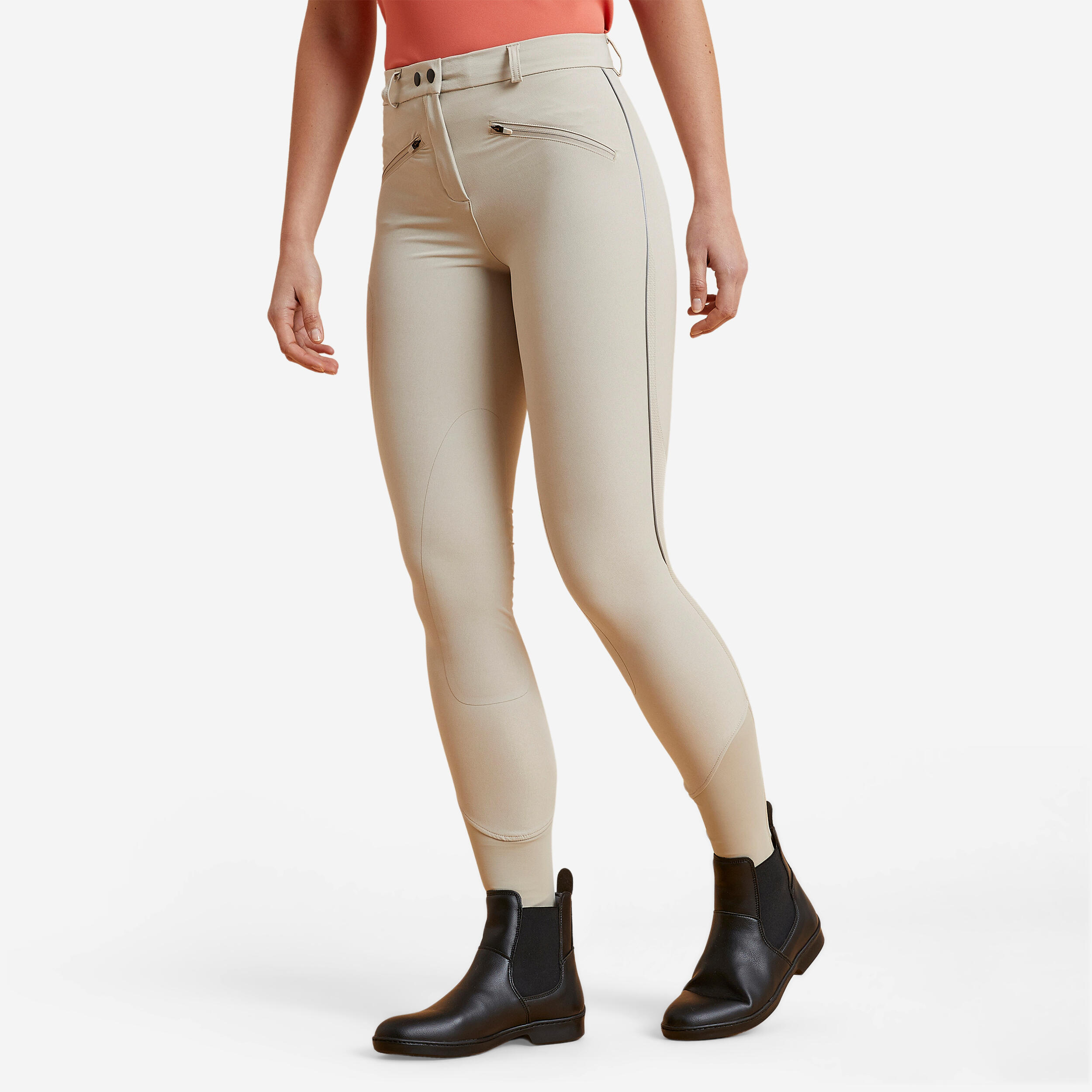 Fouganza Sommer-Reithose 500 Mesh Kniebesatz Stoff Damen beige