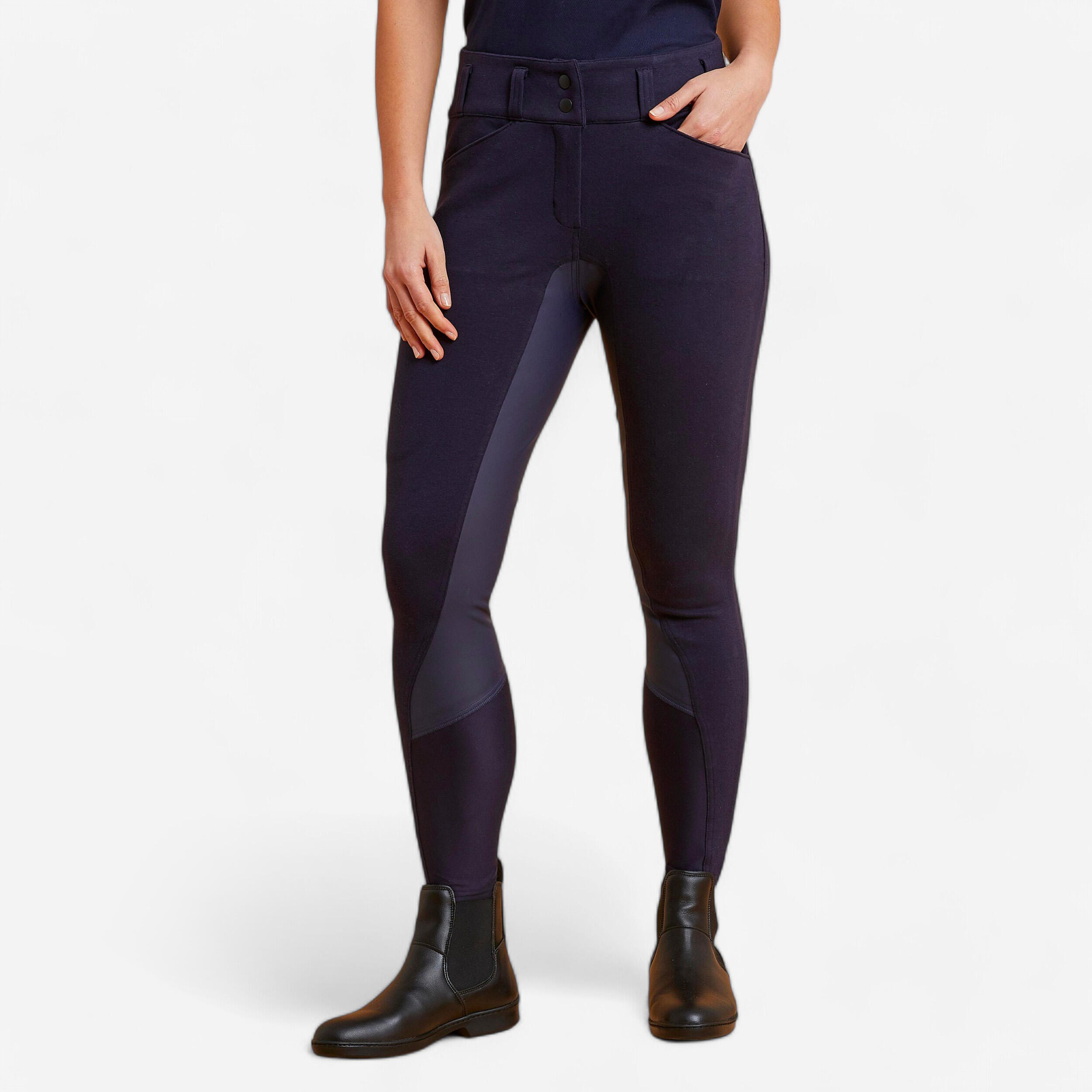 Fouganza Reithose 100 High Waist Vollbesatz Kunstleder Damen dunkelblau