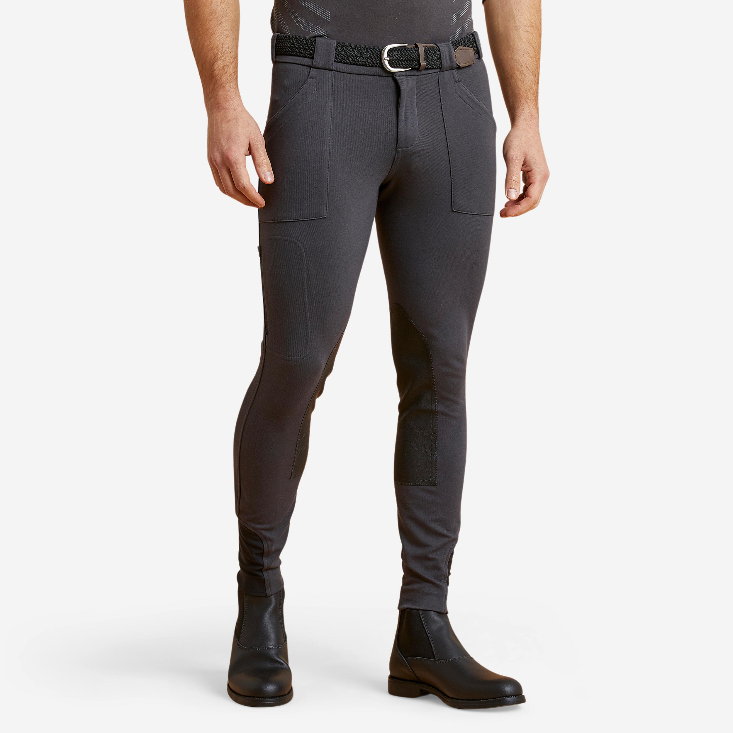 Fouganza Winter-Reithose 140 Warm Kniebesatz Kunstleder Herren dunkelgrau