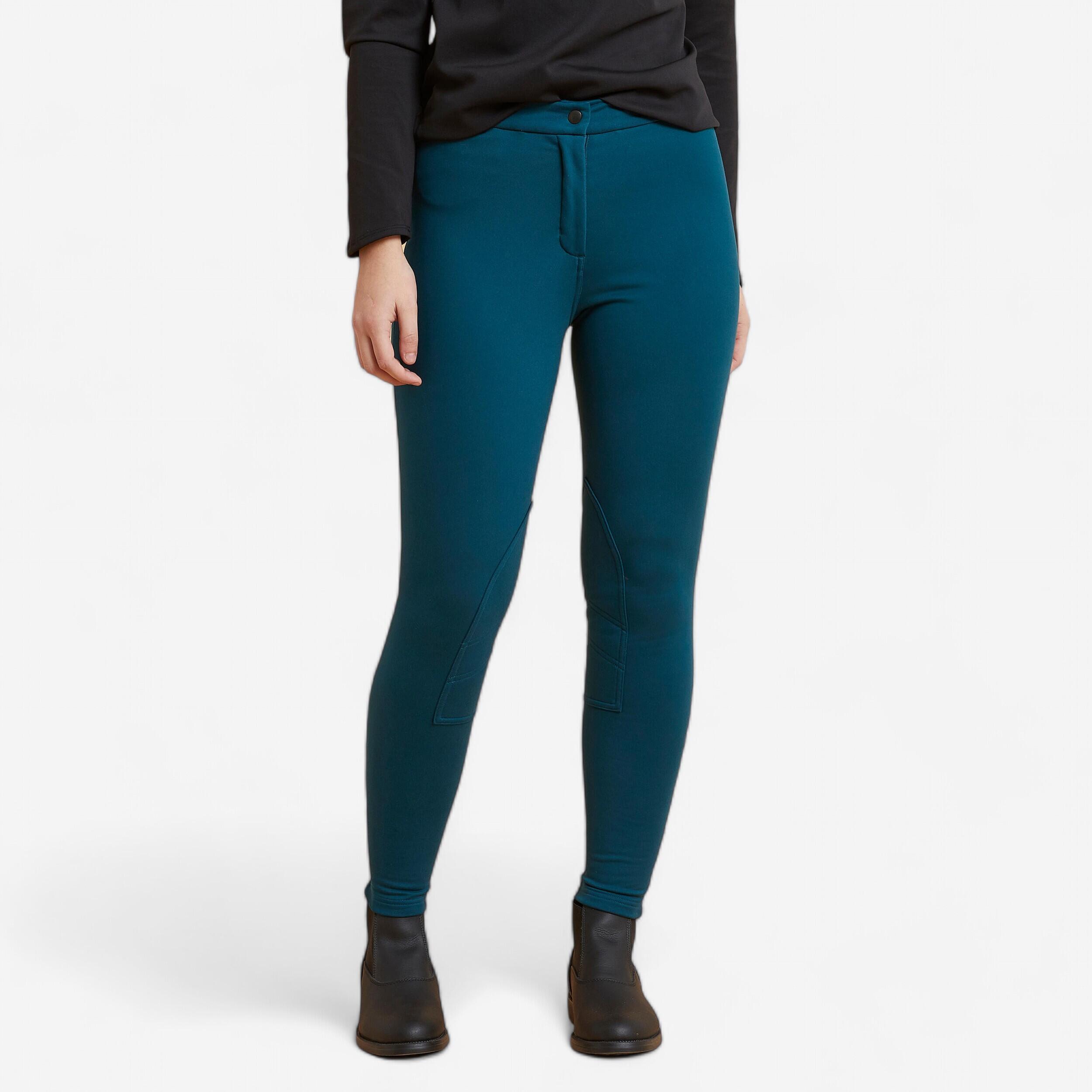 Fouganza Winter-Reithose 100 Warm Kniebesatz Stoff Damen petrolblau