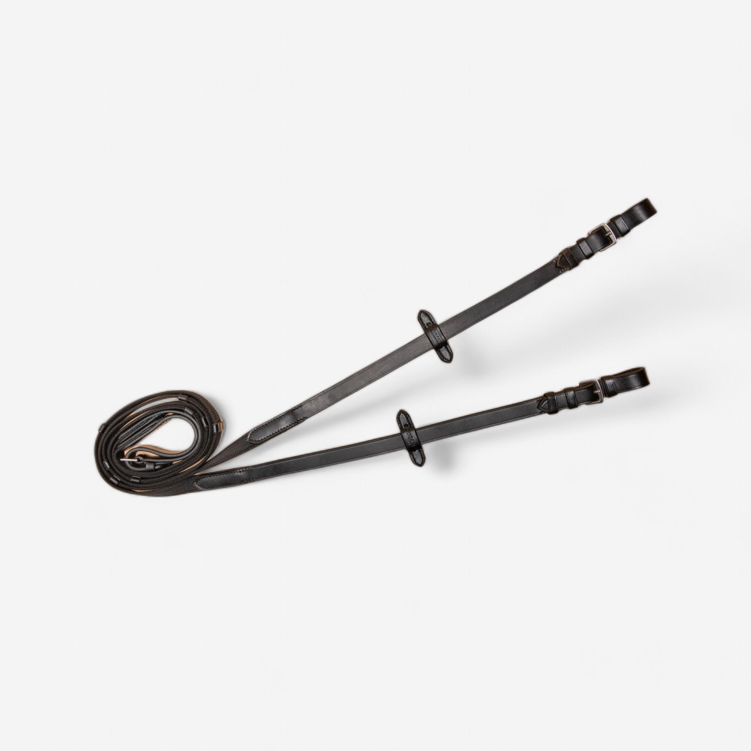 Fouganza Zügel Leder mit Silikon-Grip Pony/Pferd schwarz