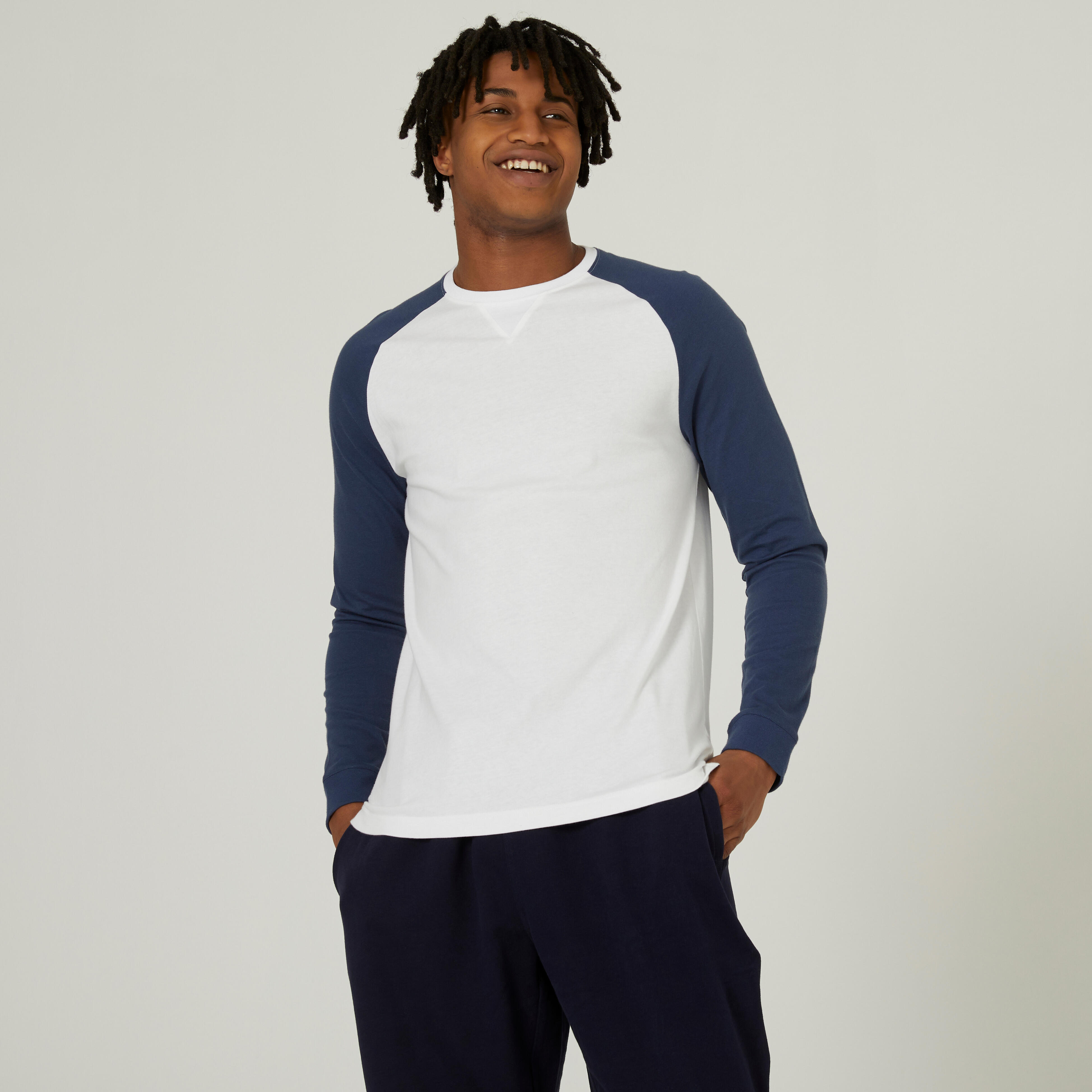 Domyos Langarmshirt Fitness 520 gerade Baumwolle Herren blau/weiss