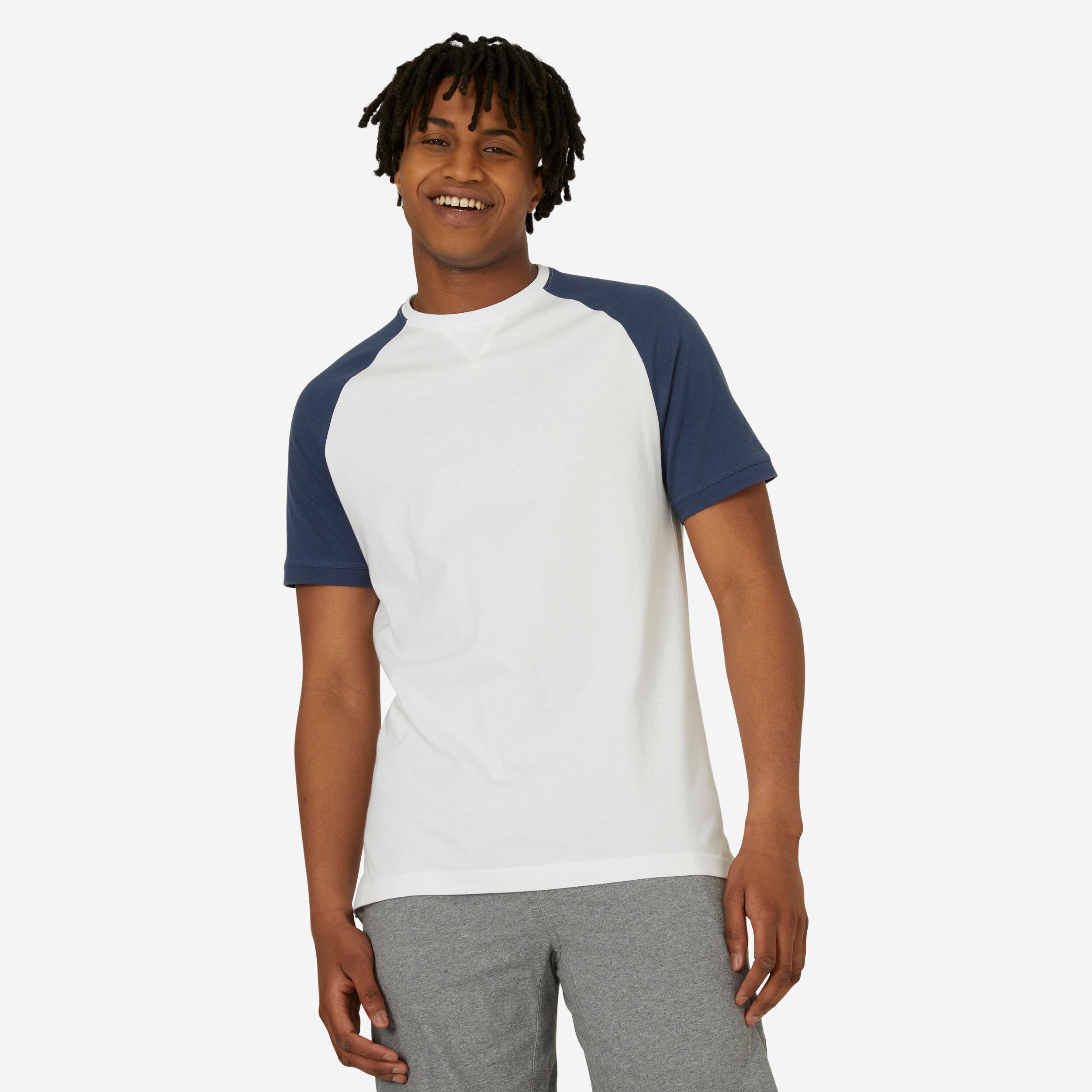 Domyos T-Shirt Fitness 520 gerade Rundhals Baumwolle Herren blau/weiss