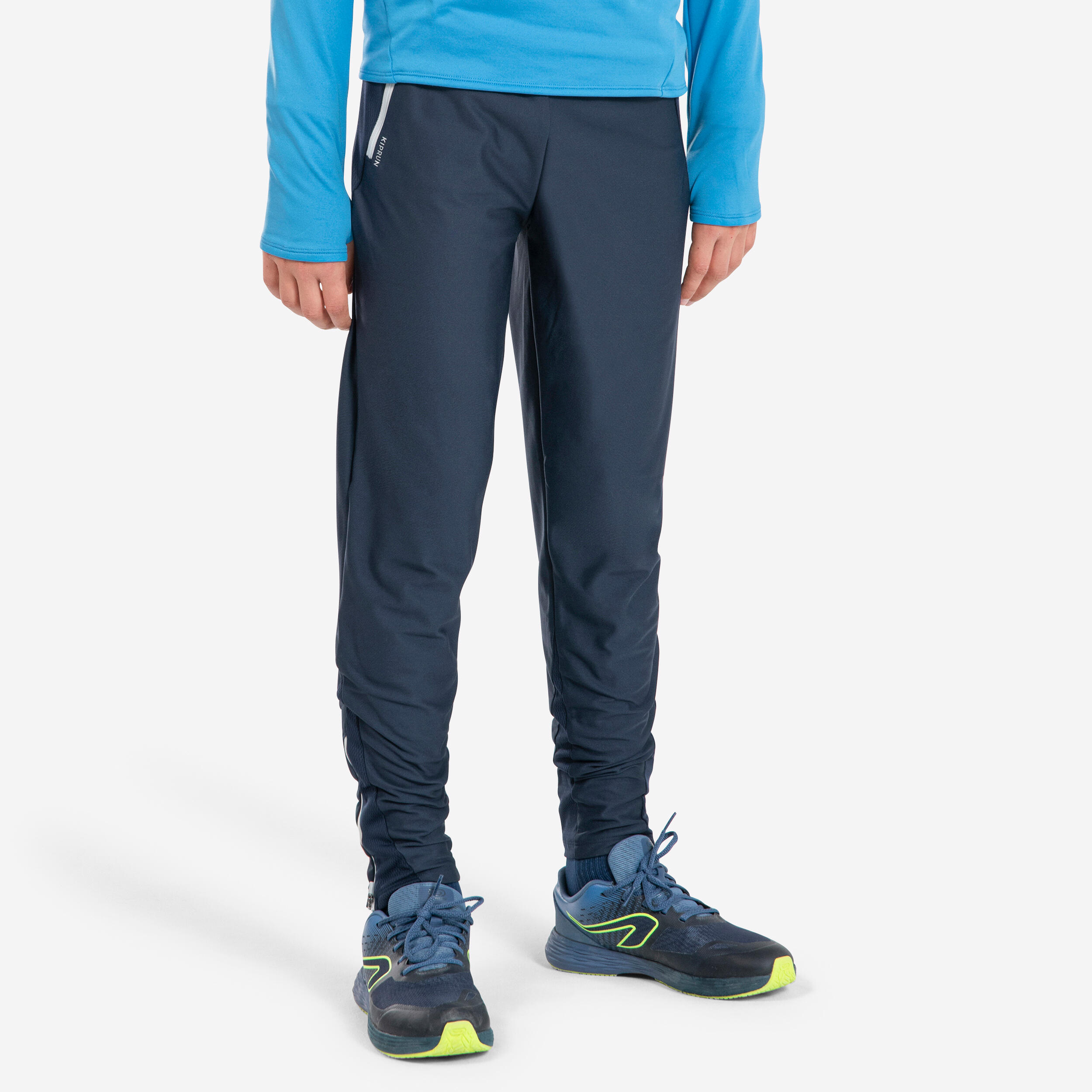 Kiprun Laufhose lang Tights Leichtathletik AT 500 Warm Zip Kinder marineblau/grau
