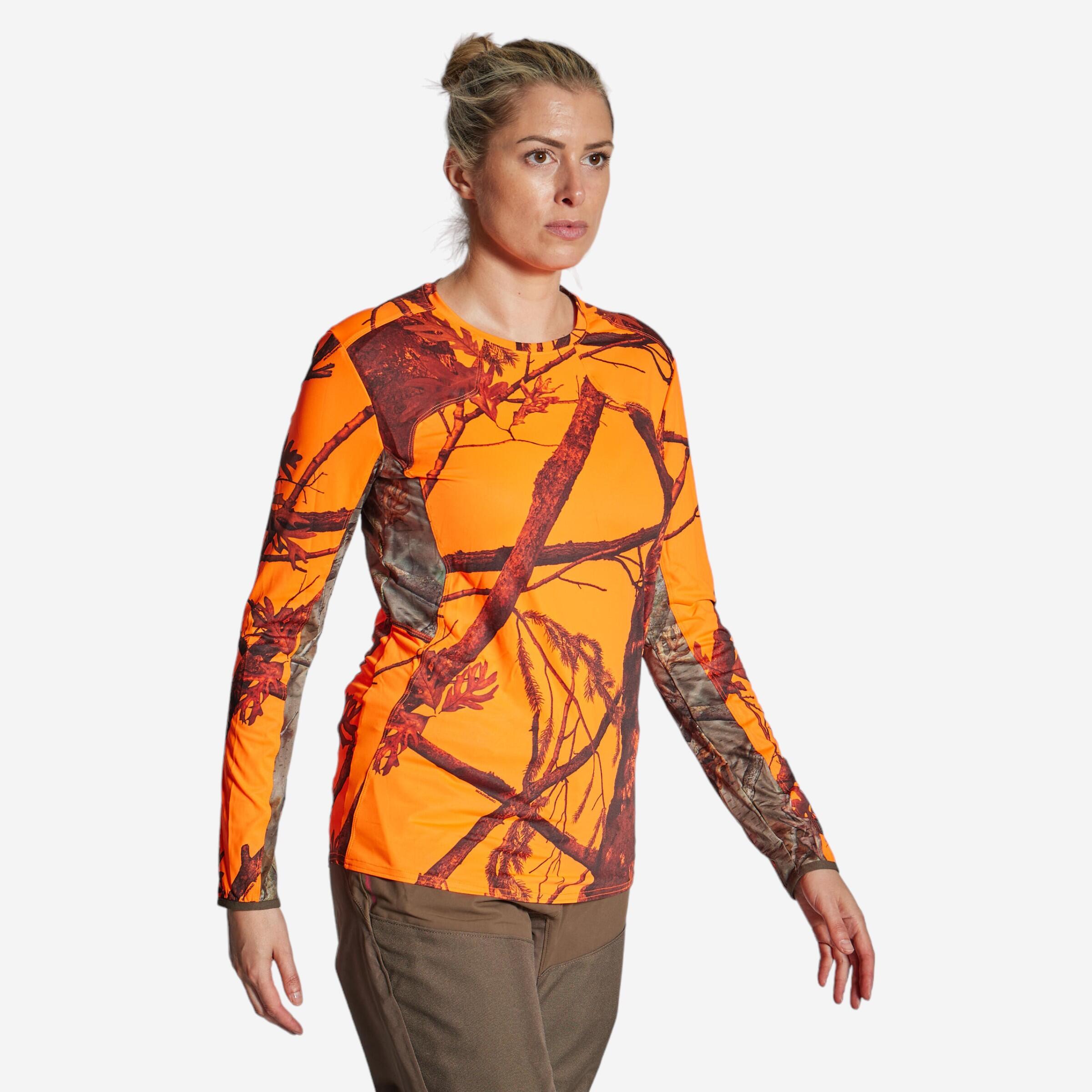 Solognac Jagdshirt langarm 500 Damen geräuscharm atmungsaktiv camouflage/orange