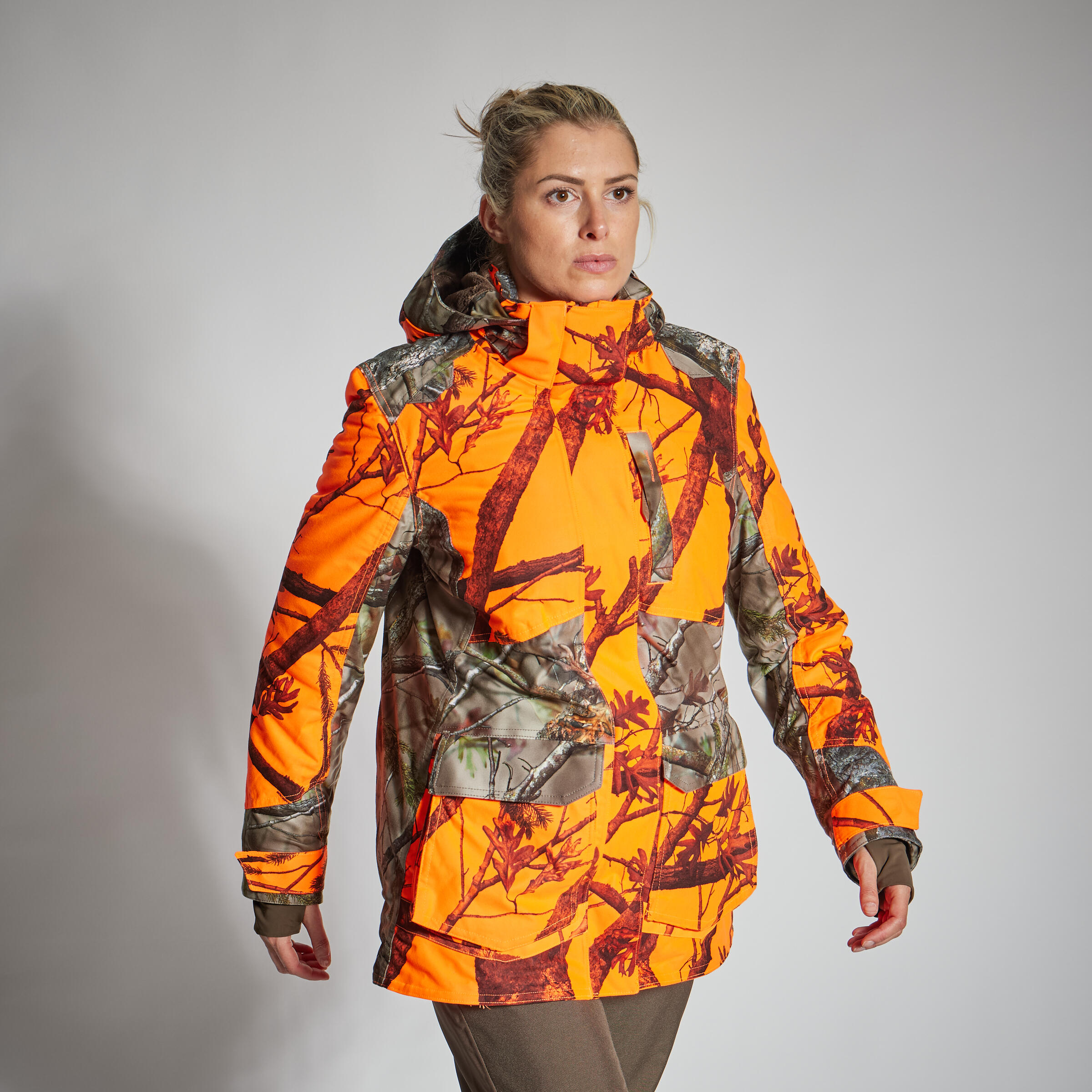 Solognac Jagdjacke Regenjacke 500 Damen 3-in-1 warm geräuscharm camouflage/orange