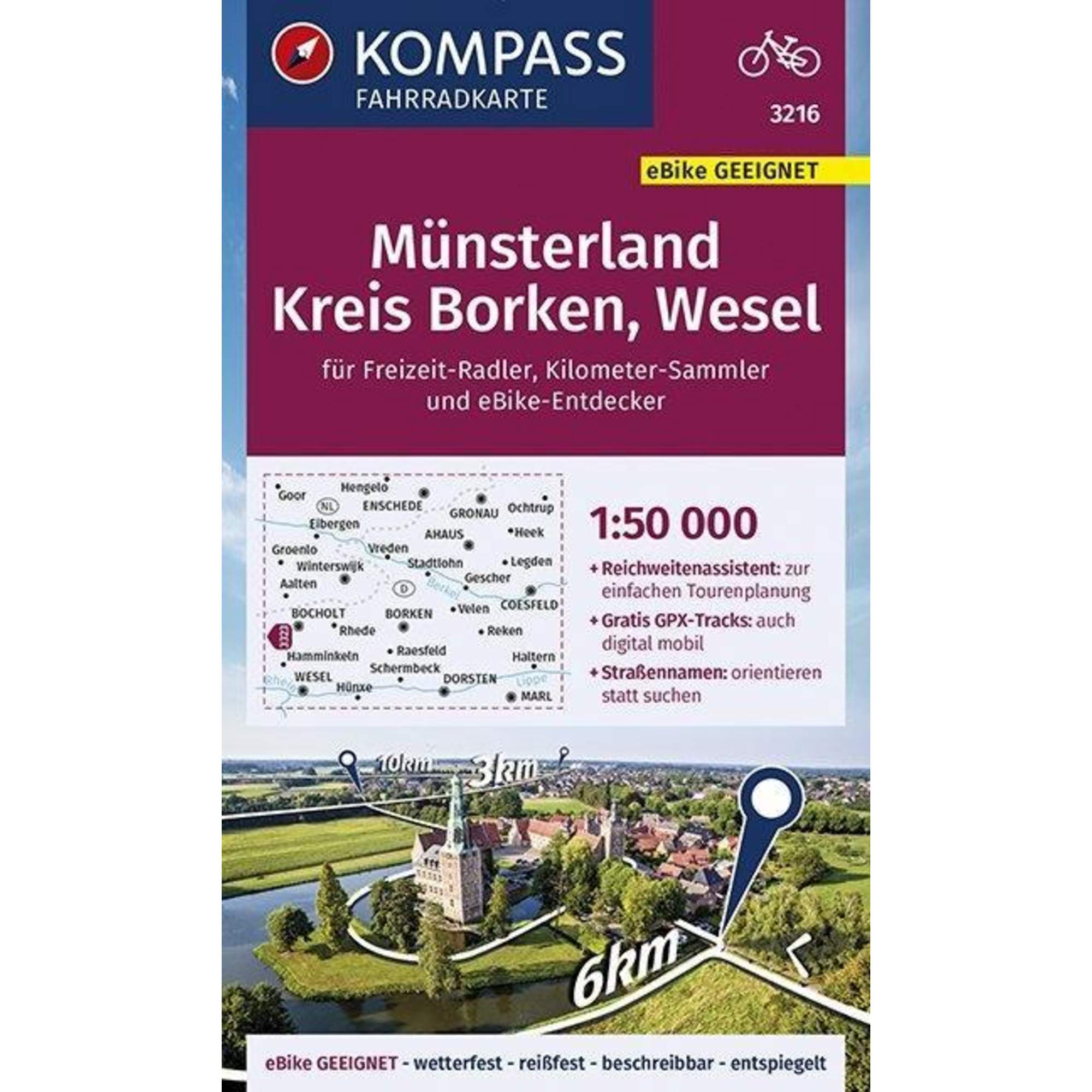 KOMPASS Fahrradkarte Münsterland, Kreis Borken, Wesel 1:50.000, FK 3216