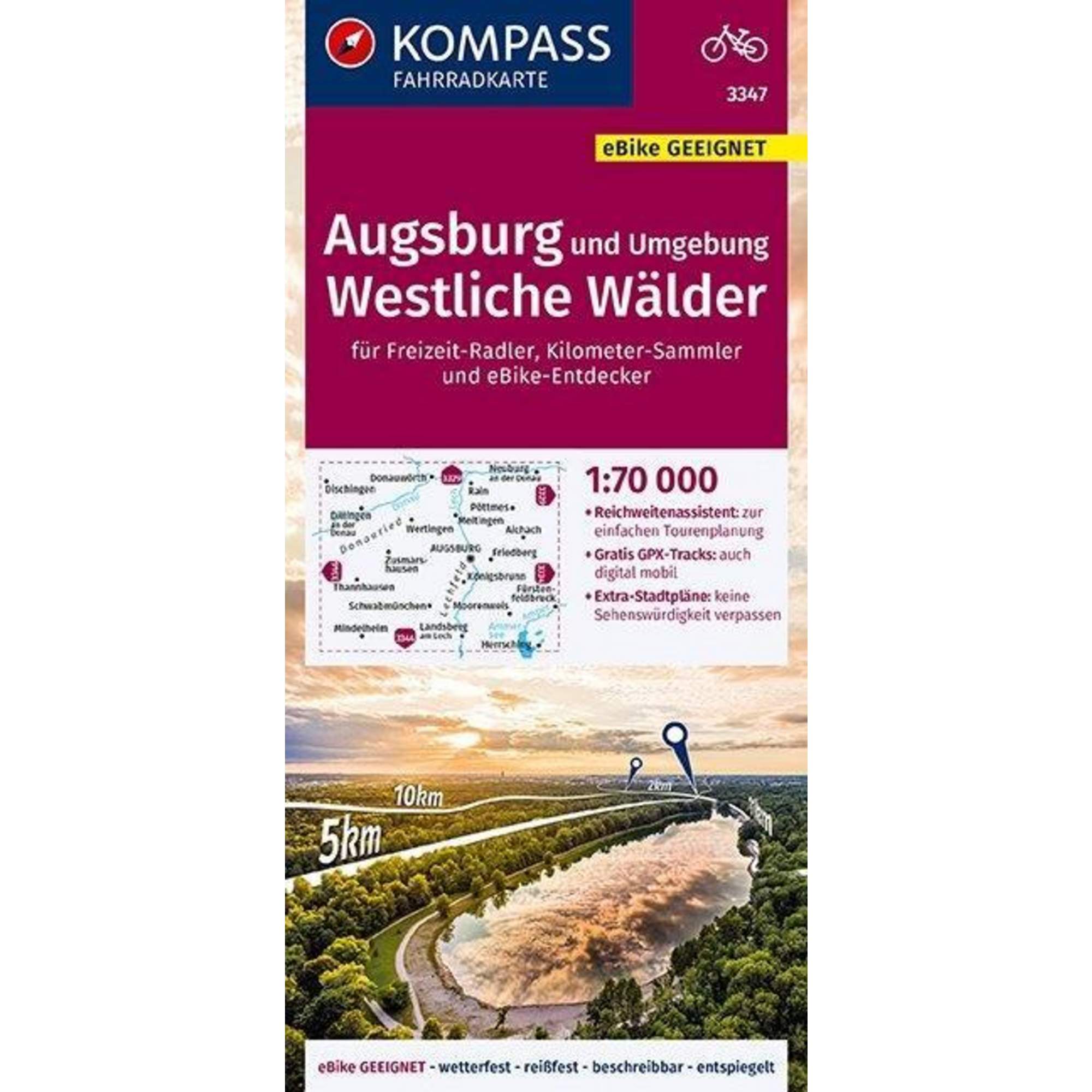 KOMPASS Fahrradkarte Augsburg und Umgebung, Westliche Wälder 1:70.000, FK 3347