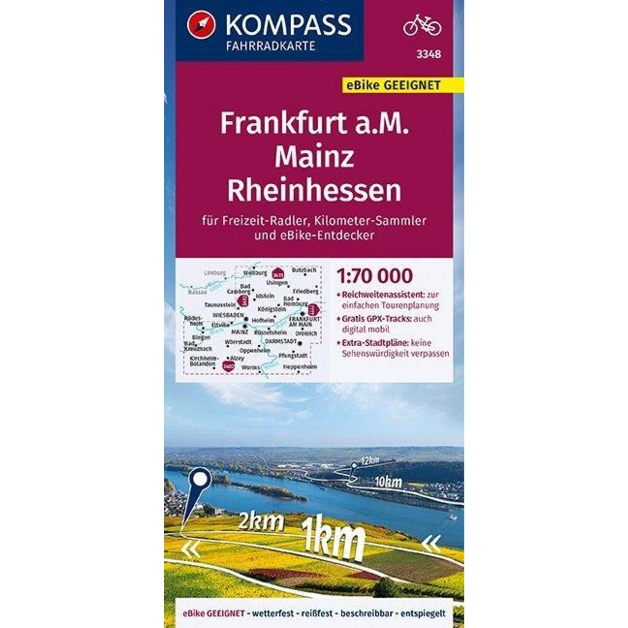 KOMPASS Fahrradkarte Frankfurt a.M., Mainz, Rheinhessen 1:70.000, FK 3348