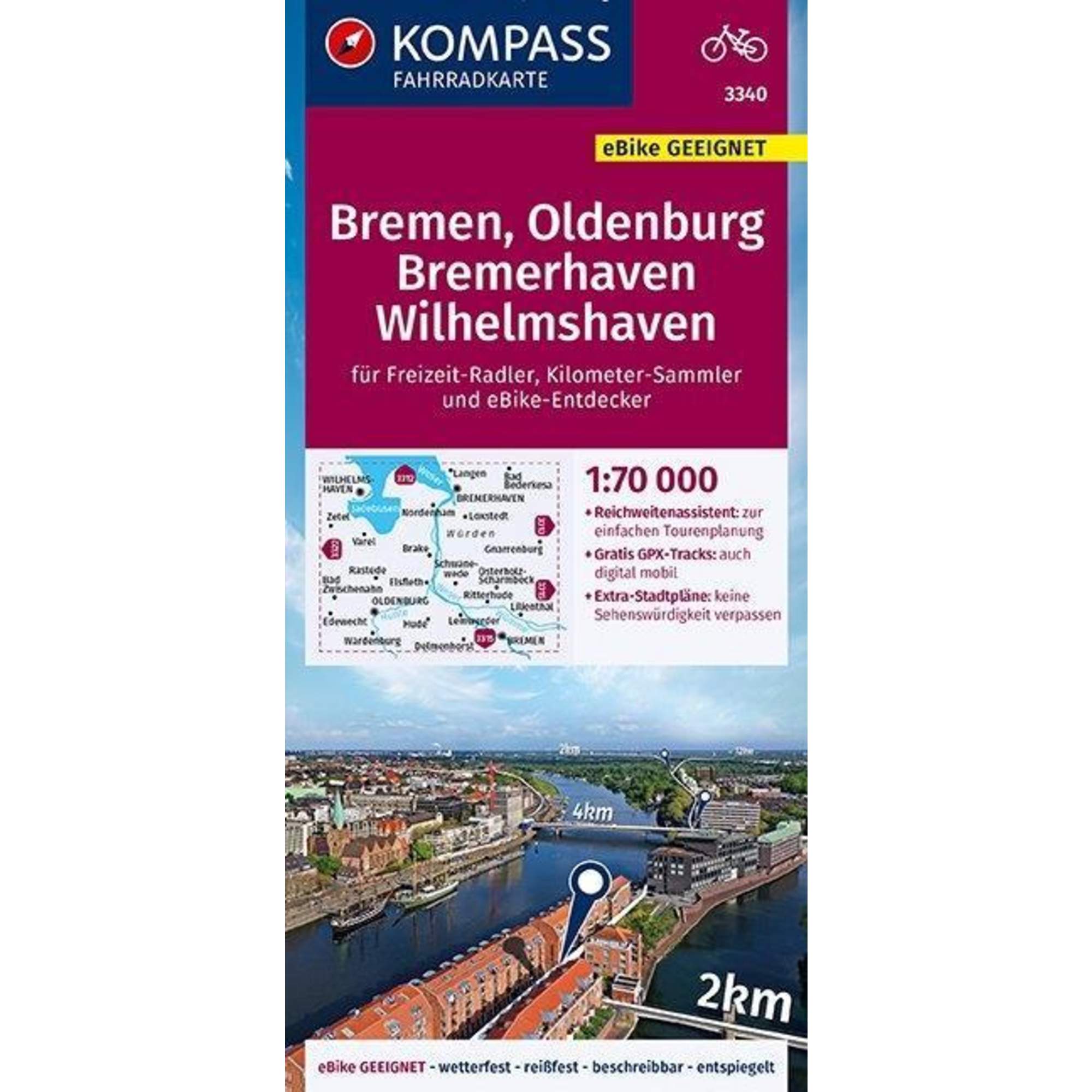 KOMPASS Fahrradkarte Bremen, Oldenburg, Bremerhaven, Wilhelmshaven 1:70.000, FK 3340
