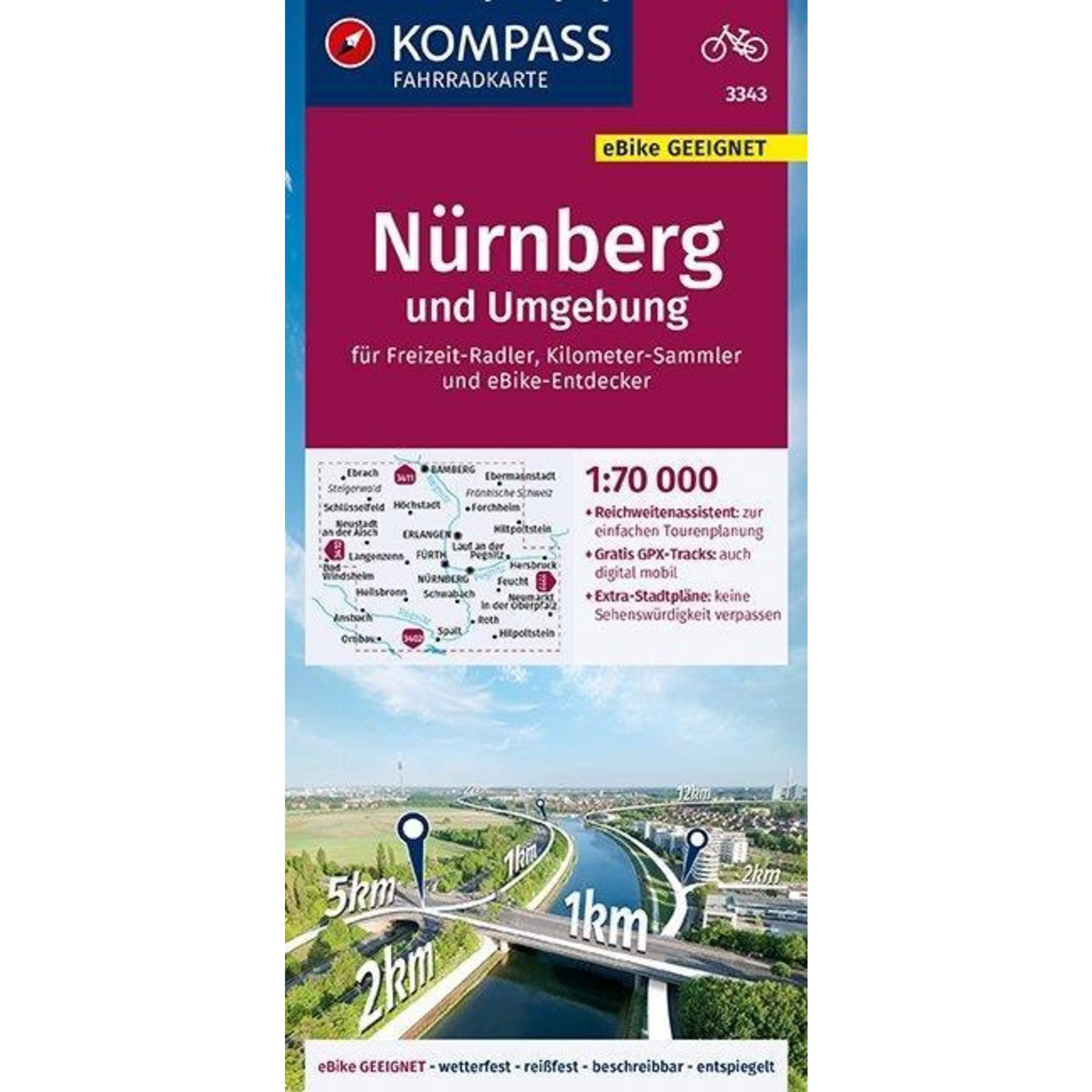 KOMPASS Fahrradkarte Nürnberg und Umgebung 1:70.000, FK 3343