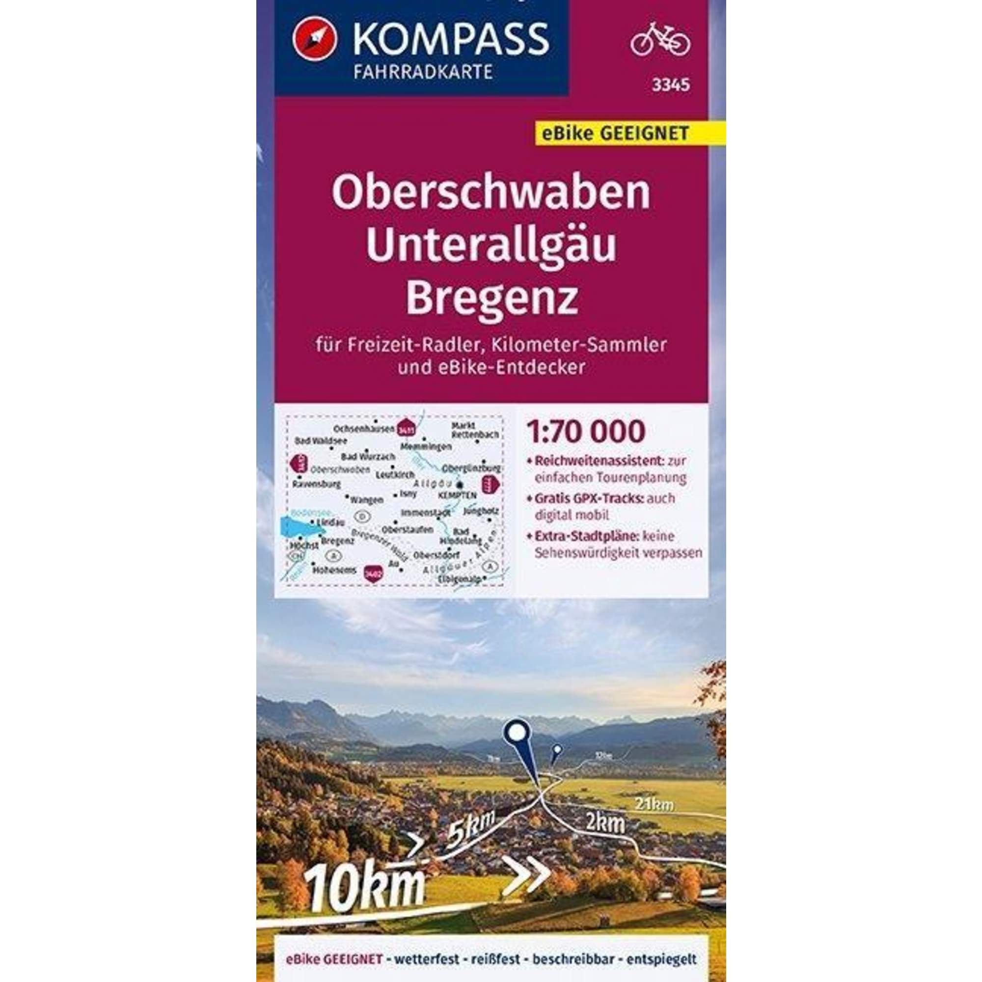 KOMPASS Fahrradkarte Oberschwaben, Unterallgäu, Bregenz 1:70.000, FK 3345