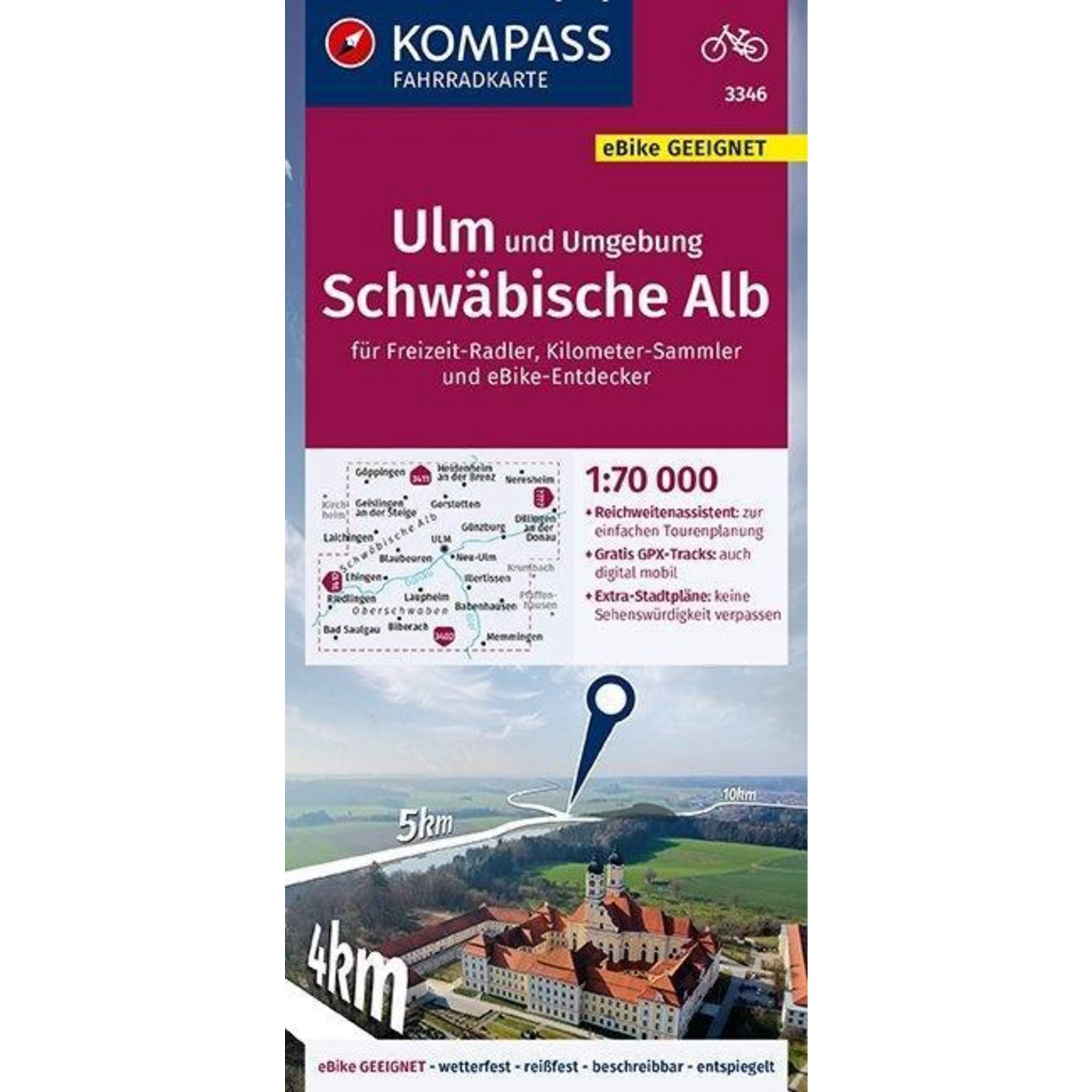 KOMPASS Fahrradkarte Ulm und Umgebung, Schwäbische Alb 1:70.000, FK 3346