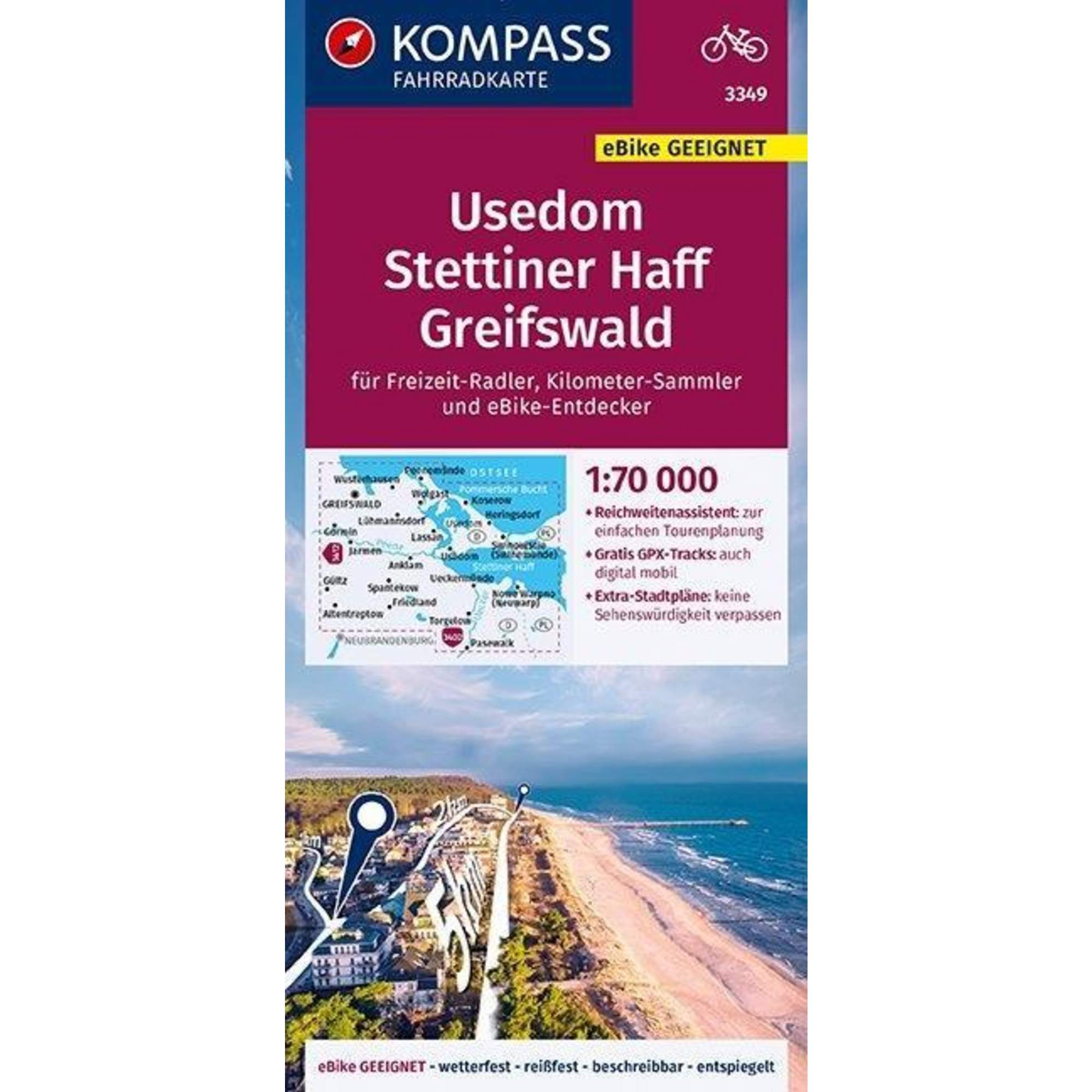 KOMPASS Fahrradkarte Usedom, Stettiner Haff, Greifswald 1:70.000, FK 3349