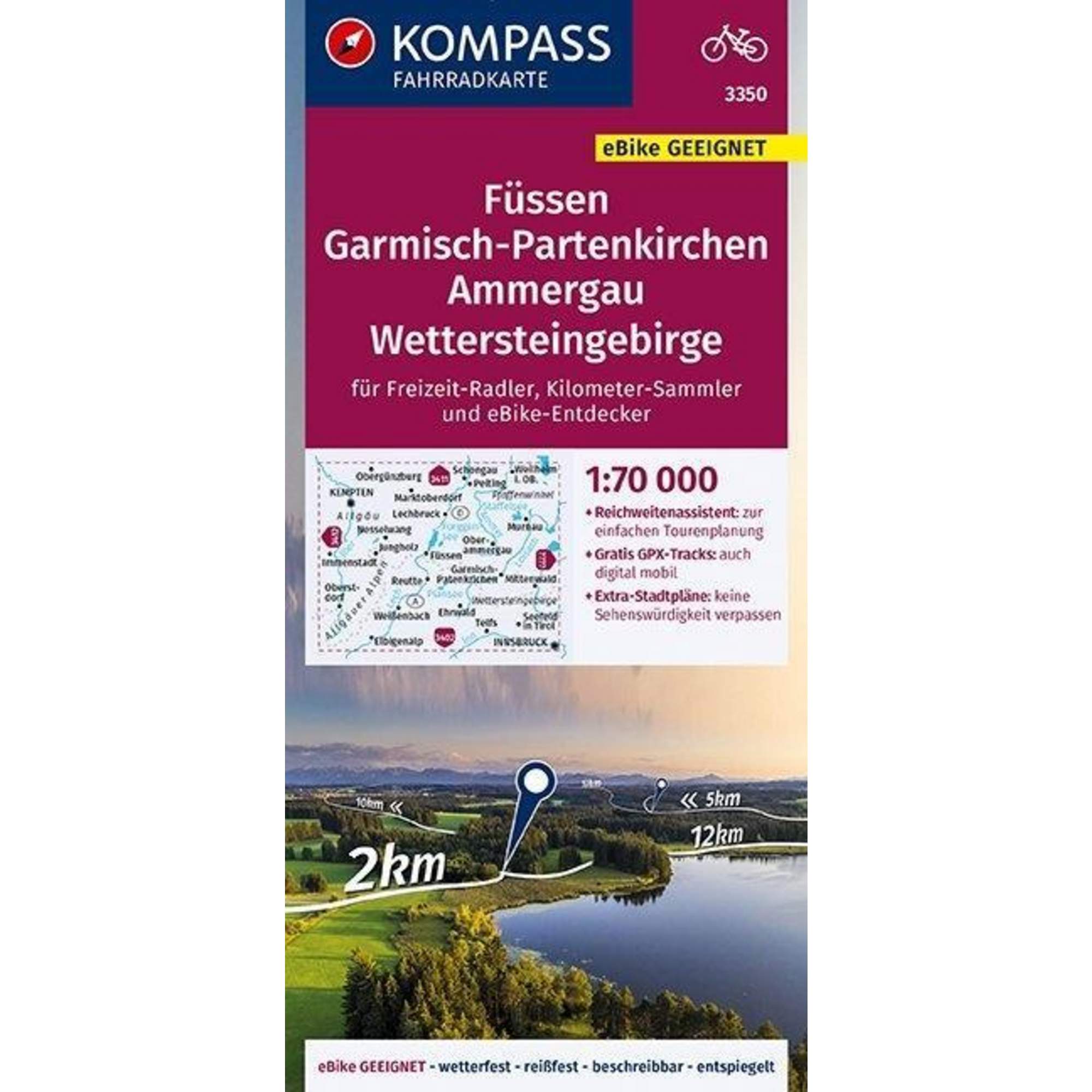 KOMPASS Fahrradkarte Füssen, Garmisch-Partenkirchen, Ammergau, Wettersteingebirge 1:70.000, FK 3350