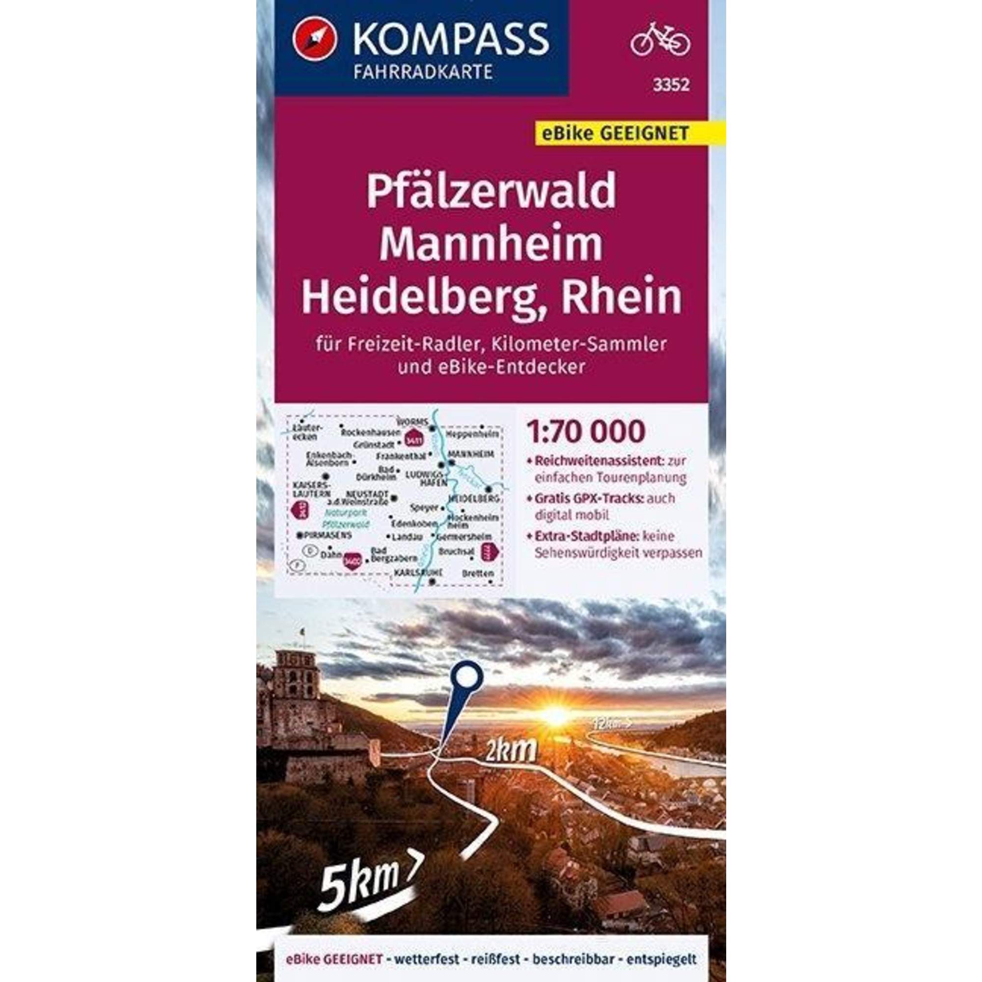KOMPASS Fahrradkarte Pfälzerwald, Mannheim, Heidelberg, Rhein 1:70.000, FK 3352