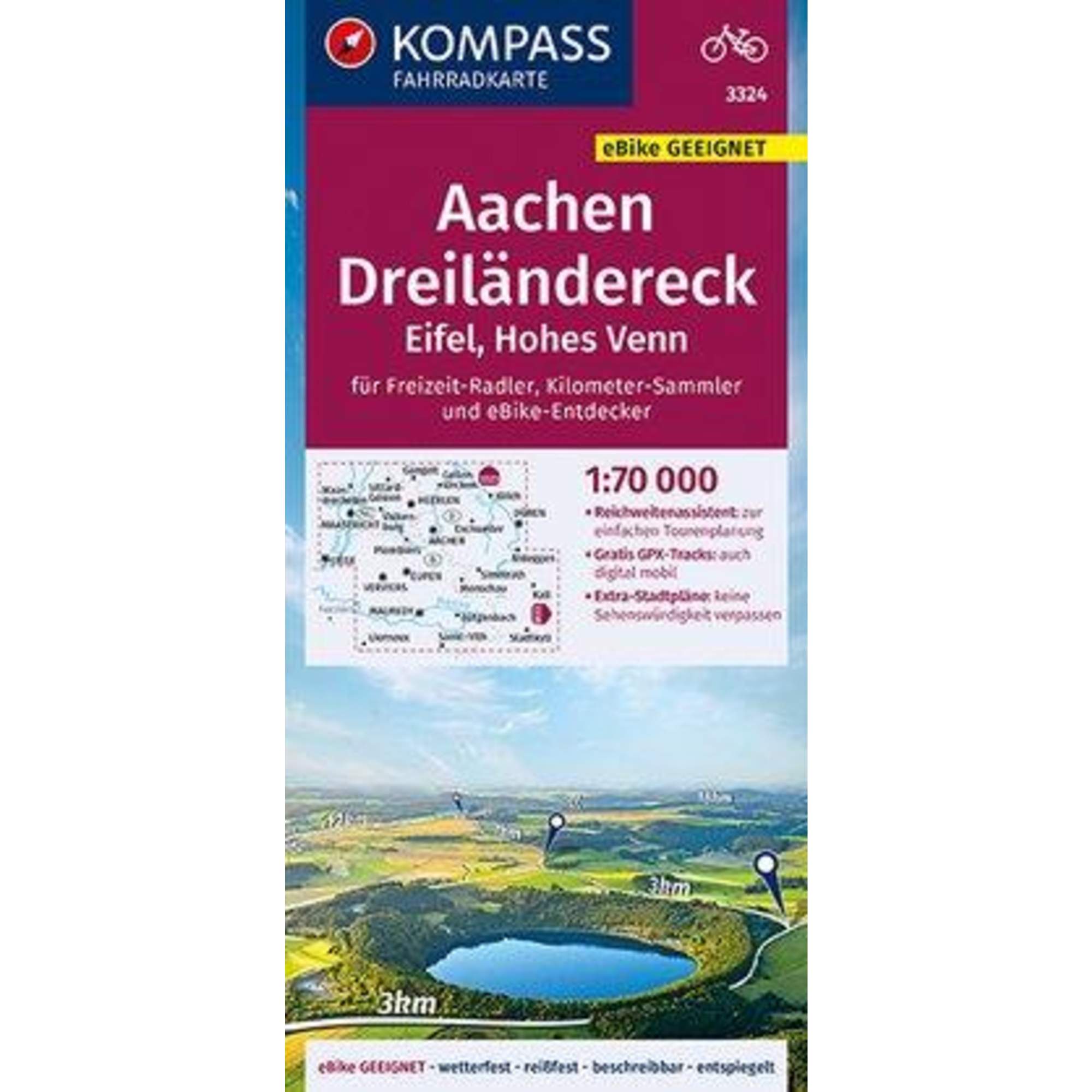 KOMPASS Fahrradkarte Aachen, Dreiländereck, Eifel, Hohes Venn 1:70.000, FK 3324
