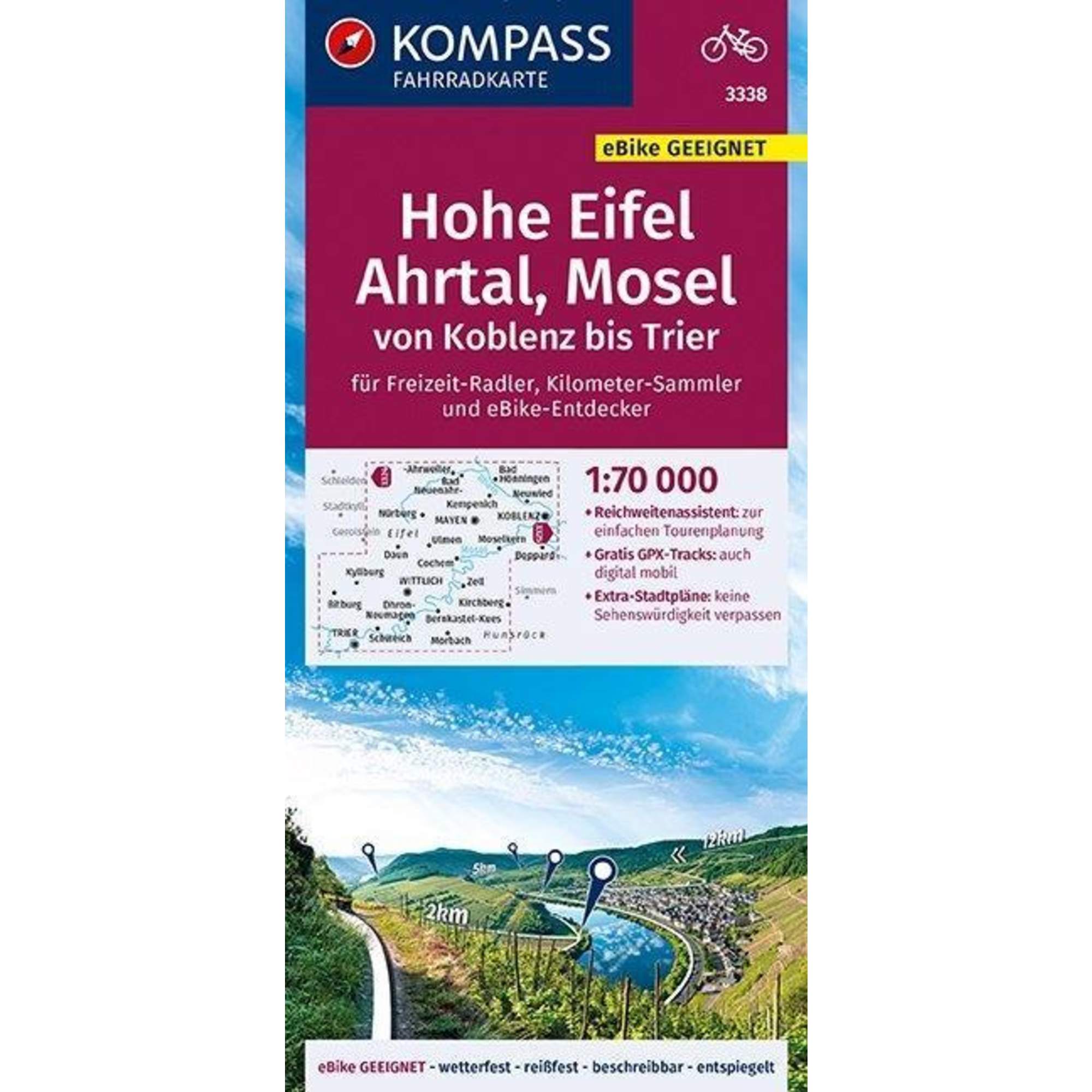 KOMPASS Fahrradkarte Hohe Eifel, Ahrtal, Mosel, von Koblenz bis Trier 1:70.000