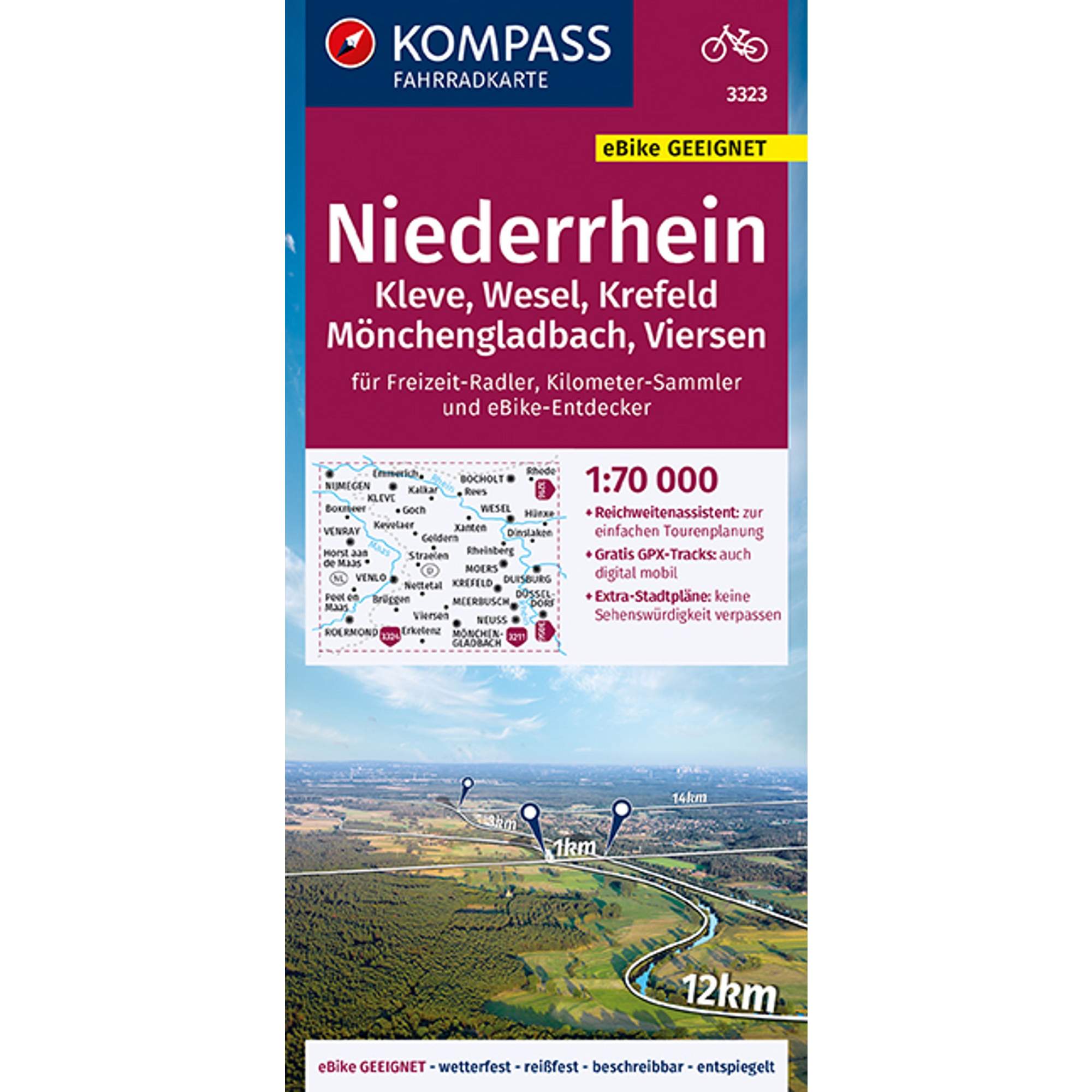 KOMPASS FAHRRADKARTE NIEDERRHEIN, KLEVE, WESEL, KREFELD