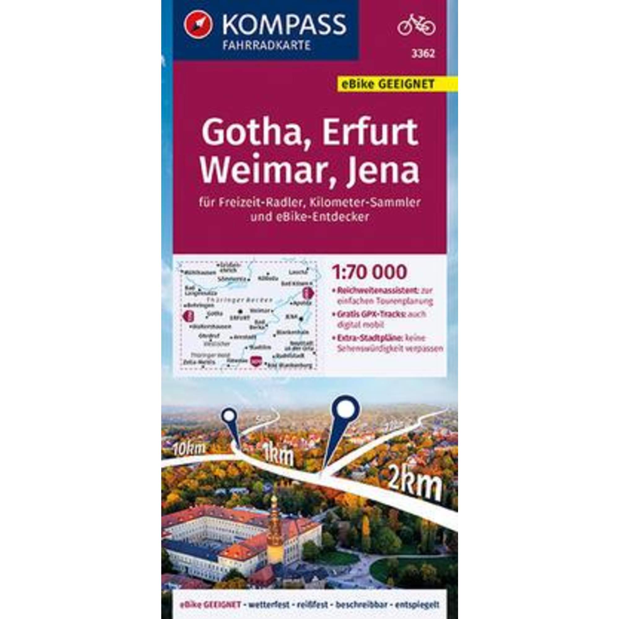 KOMPASS FAHRRADKARTE GOTHA, ERFURT, WEIMAR, JENA 1:70 000