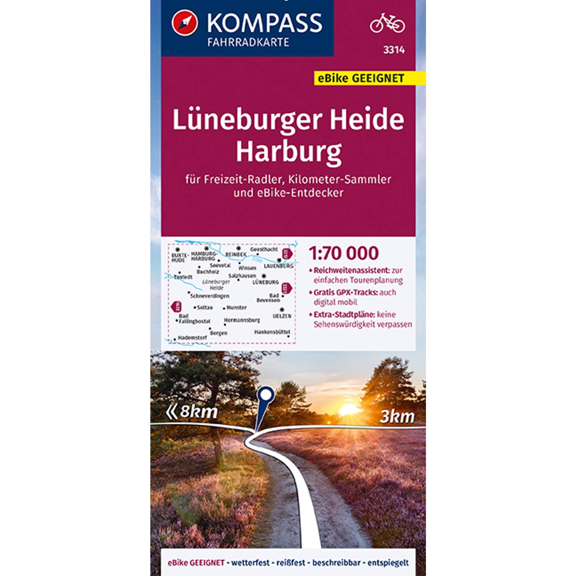 KOMPASS FAHRRADKARTE 3314 LÜNEBURGER HEIDE, HARBURG 1:70.000