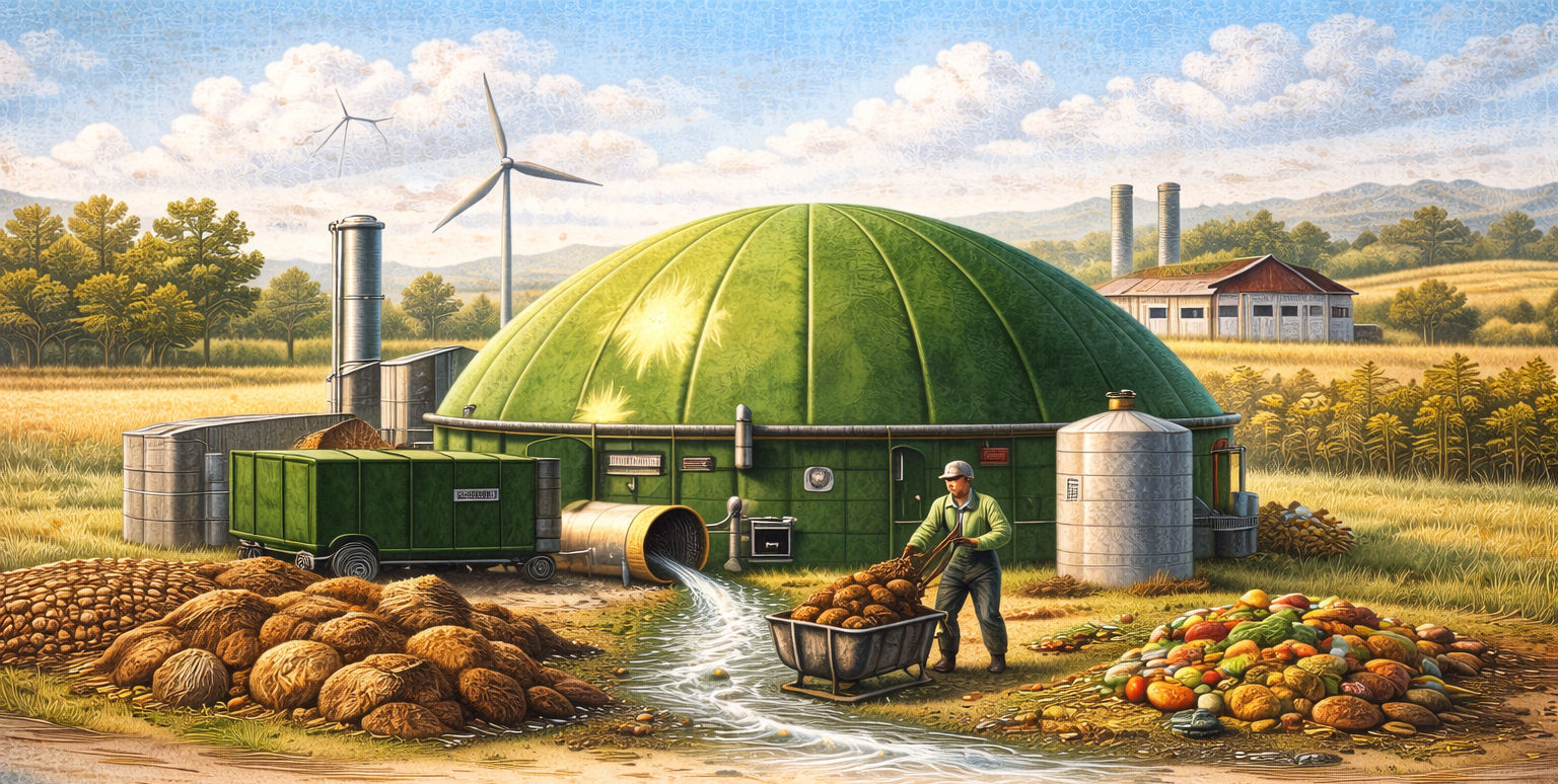 Biomass gasification plant in rural landscape