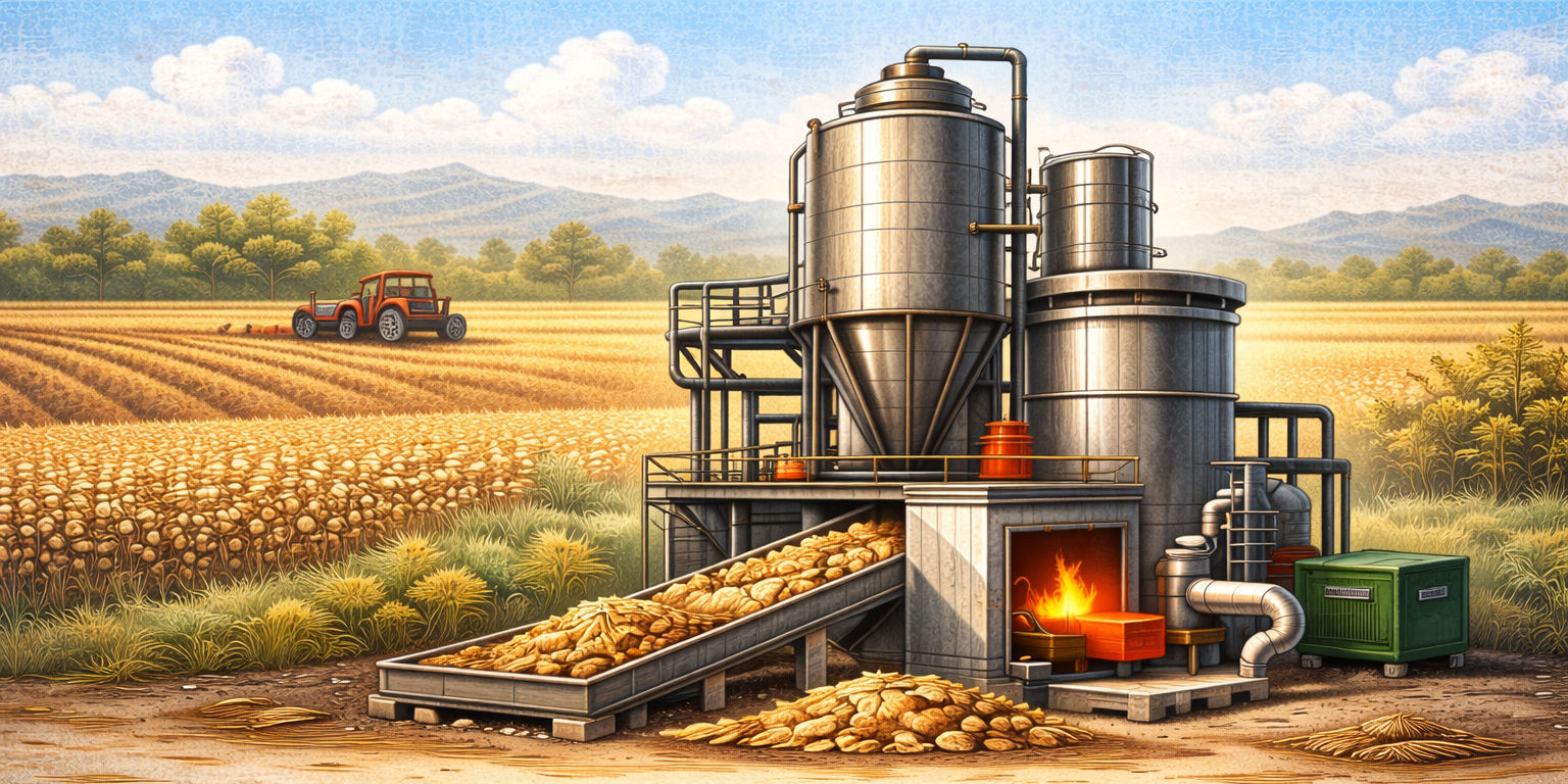 Biomass gasification plant in rural landscape