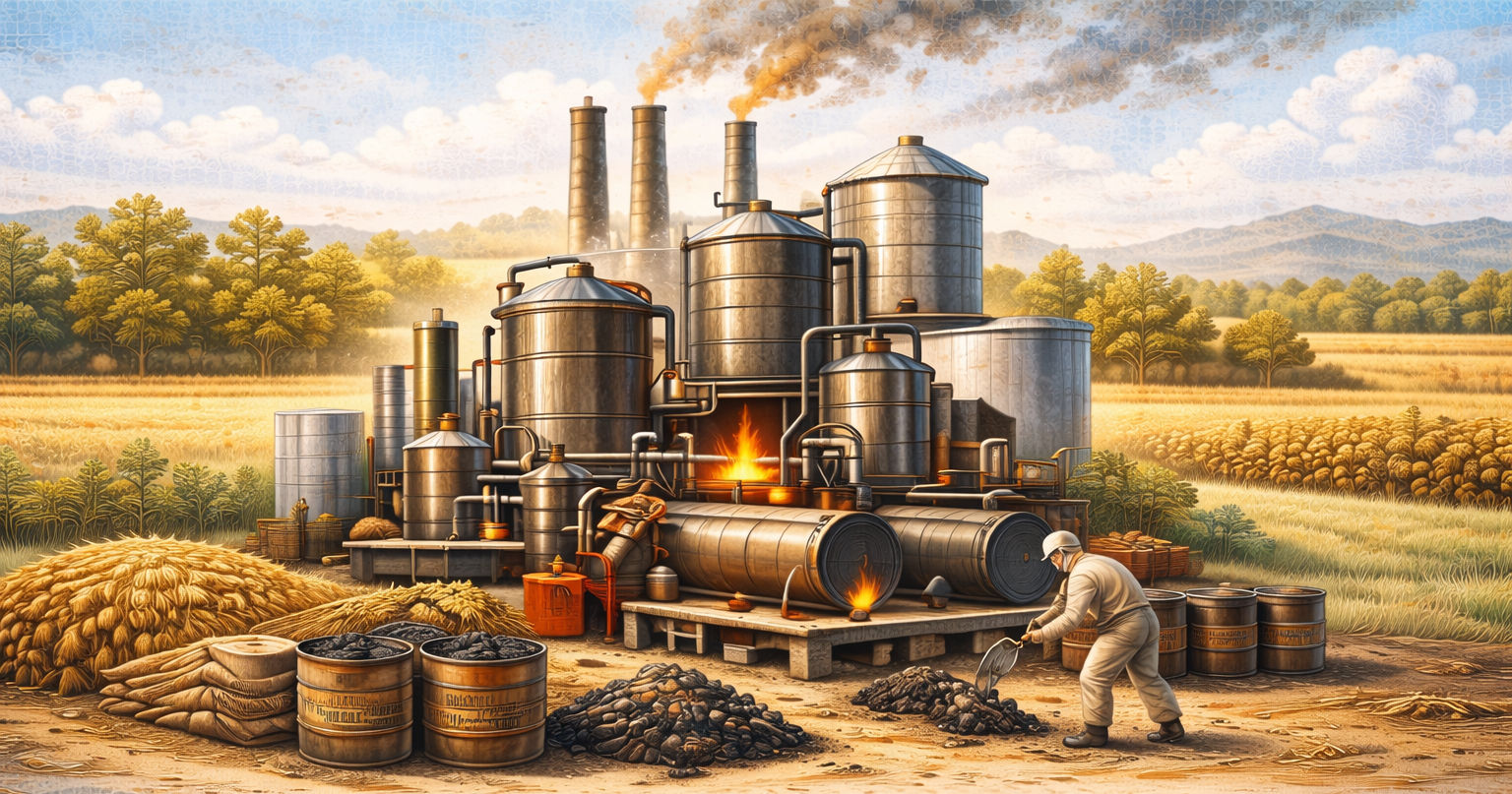 Biomass gasification plant in rural landscape