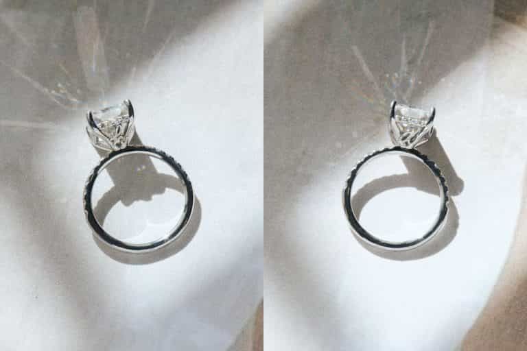 A radiant cut moissanite on 14k white gold featuring the initials ‘h’ and ‘a’ in the under gallery.