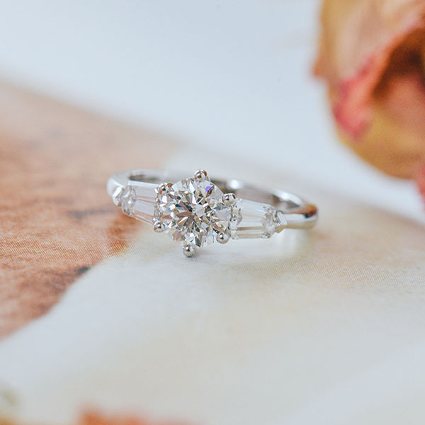 Round 3-Stone Engagement Ring With Tapered Step-Cut Bullet Side Stones-top