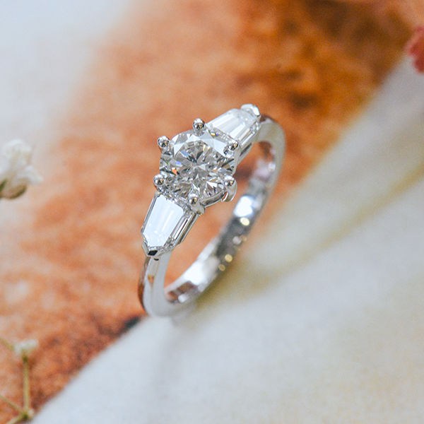 Round 3-Stone Engagement Ring With Tapered Step-Cut Bullet Side Stones-profile