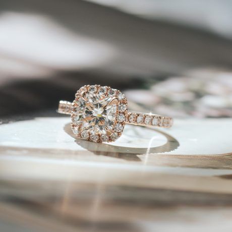 Cushion Halo Engagement Ring With Pavé and Cathedral -top