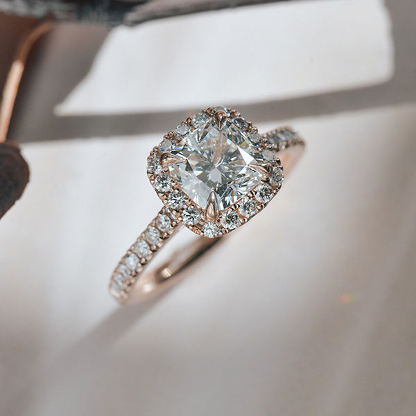 Cushion Halo Engagement Ring With Pavé and Cathedral -side