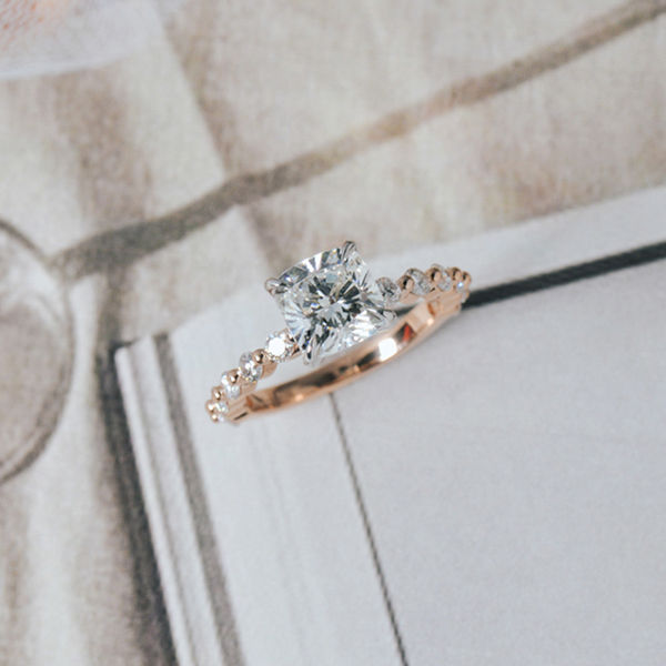 Cushion Engagement Ring With Pavé Single Prong Band-top