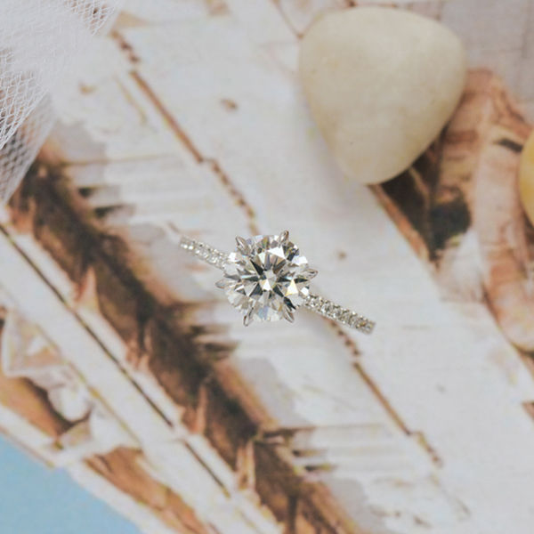 Round Engagement Ring With Pavé Band and 6-Prong Setting-top