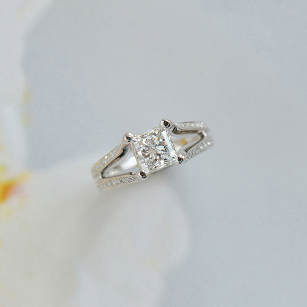 Square Cushion Engagement Ring With Split-Shank And Pavé Band-top