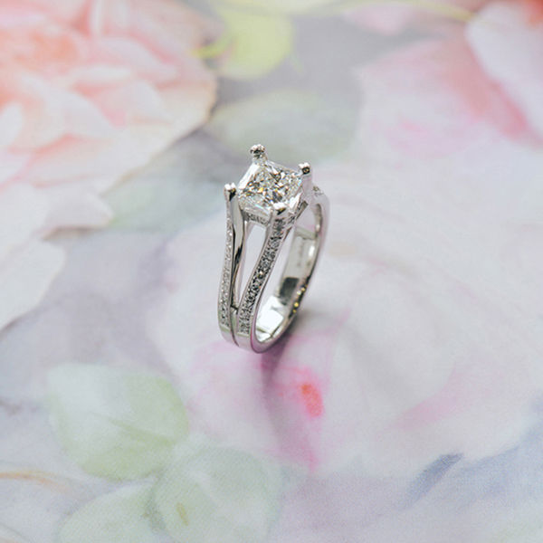 Square Cushion Engagement Ring With Split-Shank And Pavé Band-side