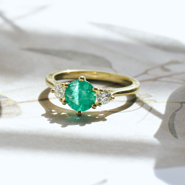 Round Green Emerald 3-Stone Engagement Ring-top