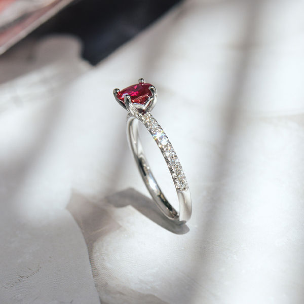 Round Ruby Engagement Ring With Pavé Band -side