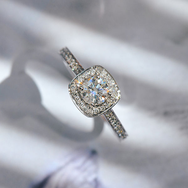 Round Engagement Ring With Cushion Halo Channel Set-top