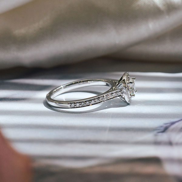 Round Engagement Ring With Cushion Halo Channel Set-side