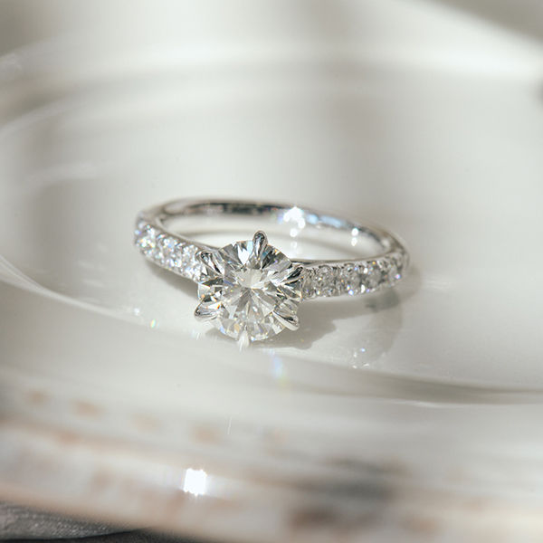 Round 6-Prong Pavé Engagement Ring With Shoulders-top