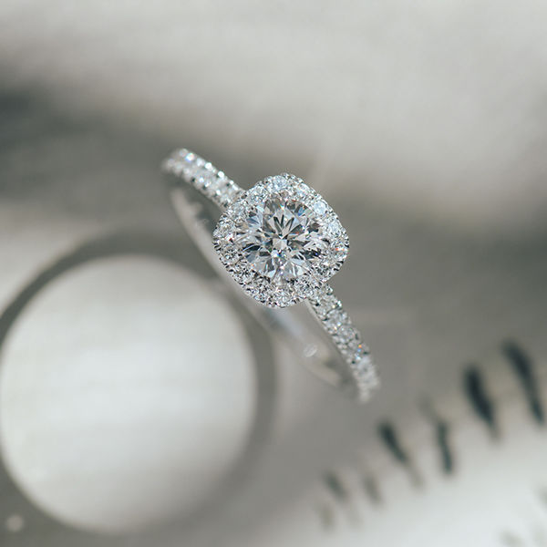 Round Engagement Ring With Cushion Halo and Cathedral -side