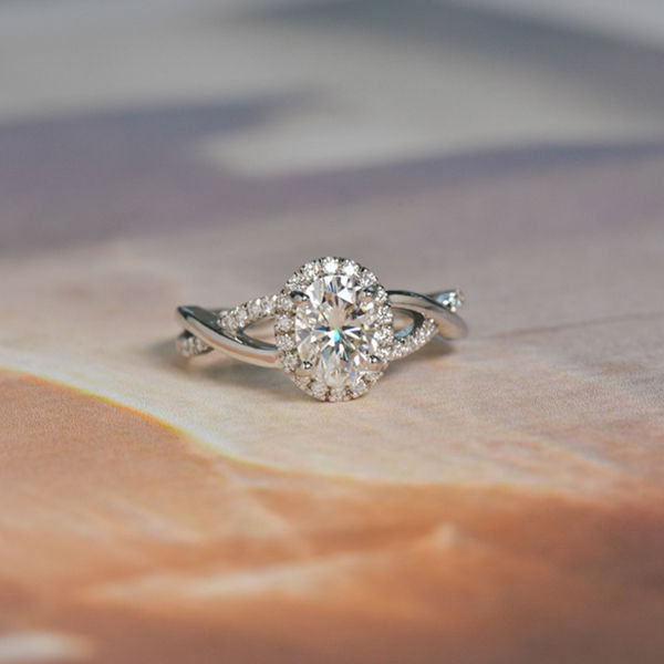 Halo Oval Engagement Ring With Pavé and Split-Shank Band-top