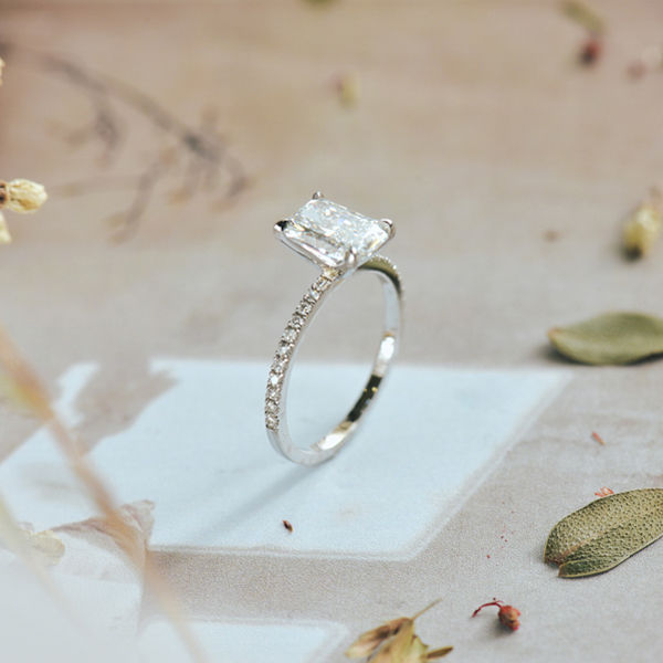 Radiant Cut Solitaire Engagement Ring With Pavé Band-side